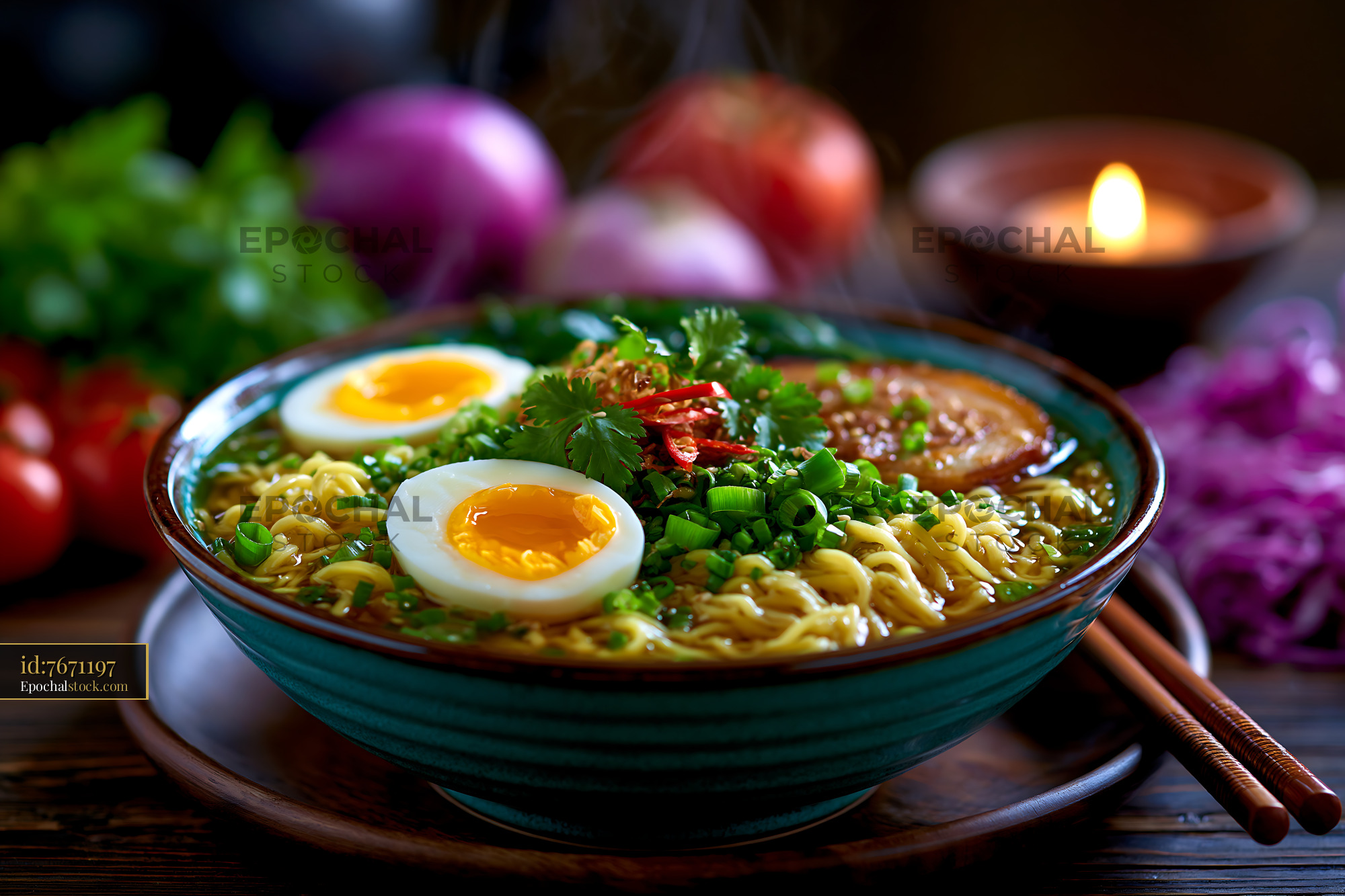 Watermarked full-resolution preview of Warm bowl of noodles with eggs and fresh toppings on wooden table