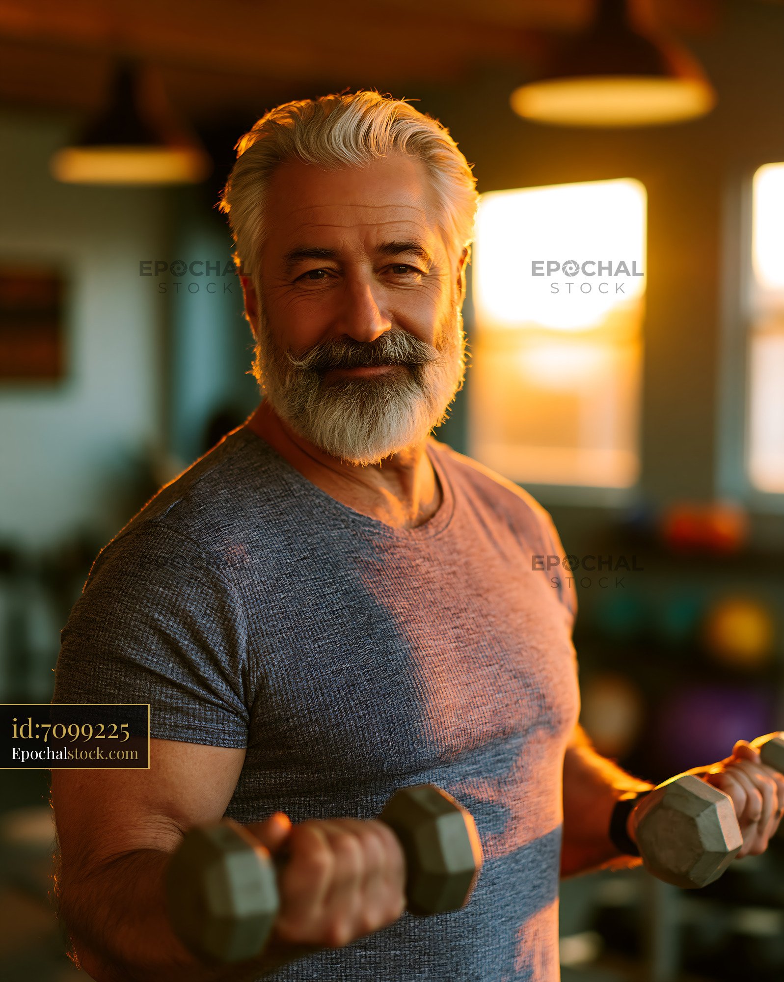 Watermarked full-resolution preview of Older man lifts dumbbells in a gym during sunset