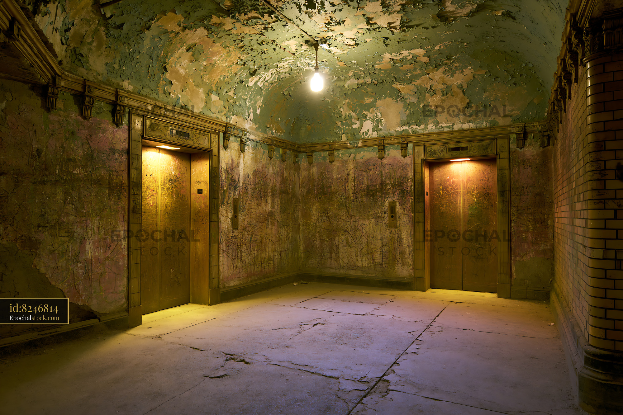 Shabby Elevator Lobby With Graffiti and Peeling Walls — stock example for Imagen 4 Fast solution examples