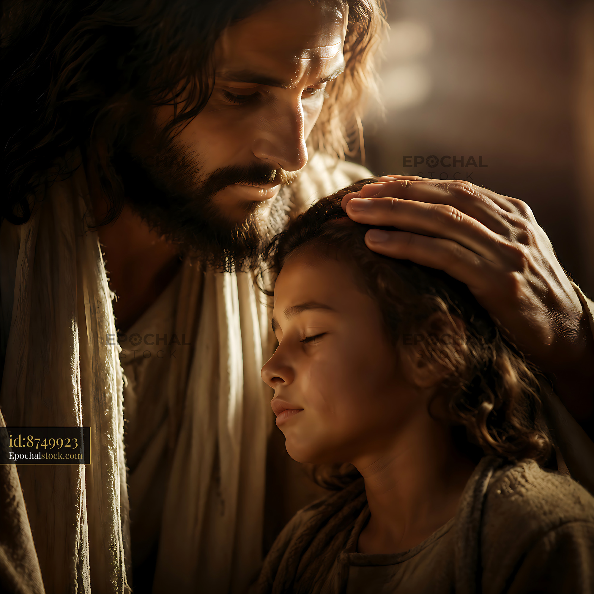 Watermarked full-resolution preview of Tender moment between a man and a child in soft light