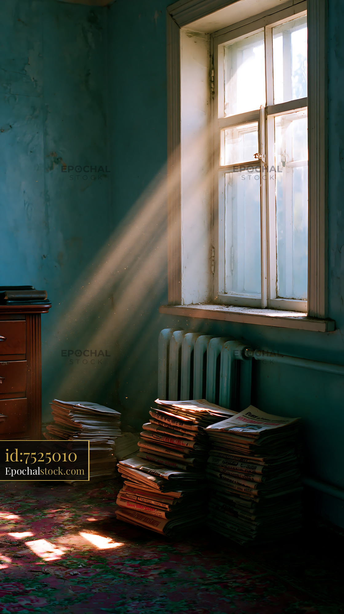 Watermarked full-resolution preview of Old newspapers in a room with sunlight and shadows