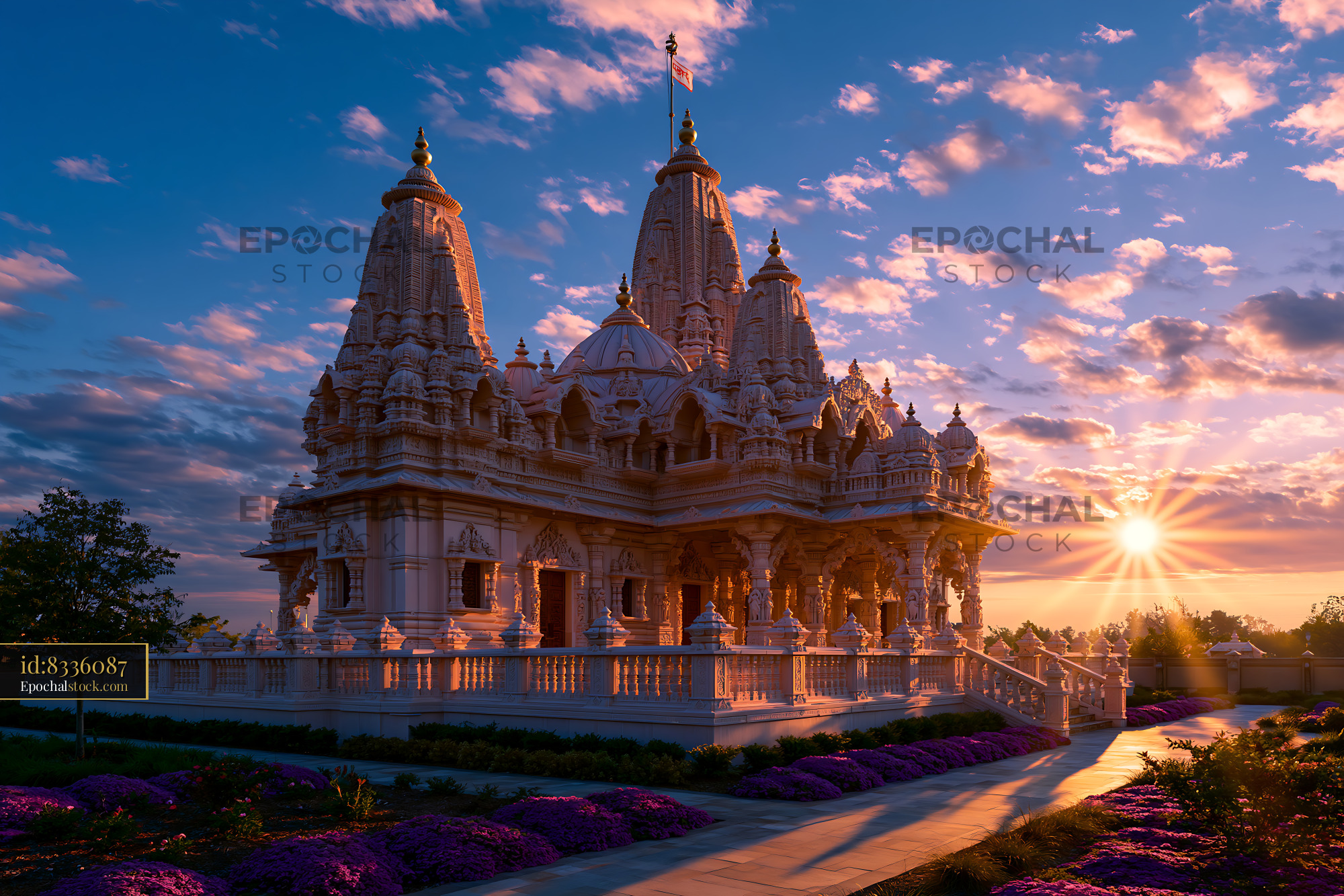 Watermarked full-resolution preview of Beautiful temple seen during sunset with colorful sky and flowers