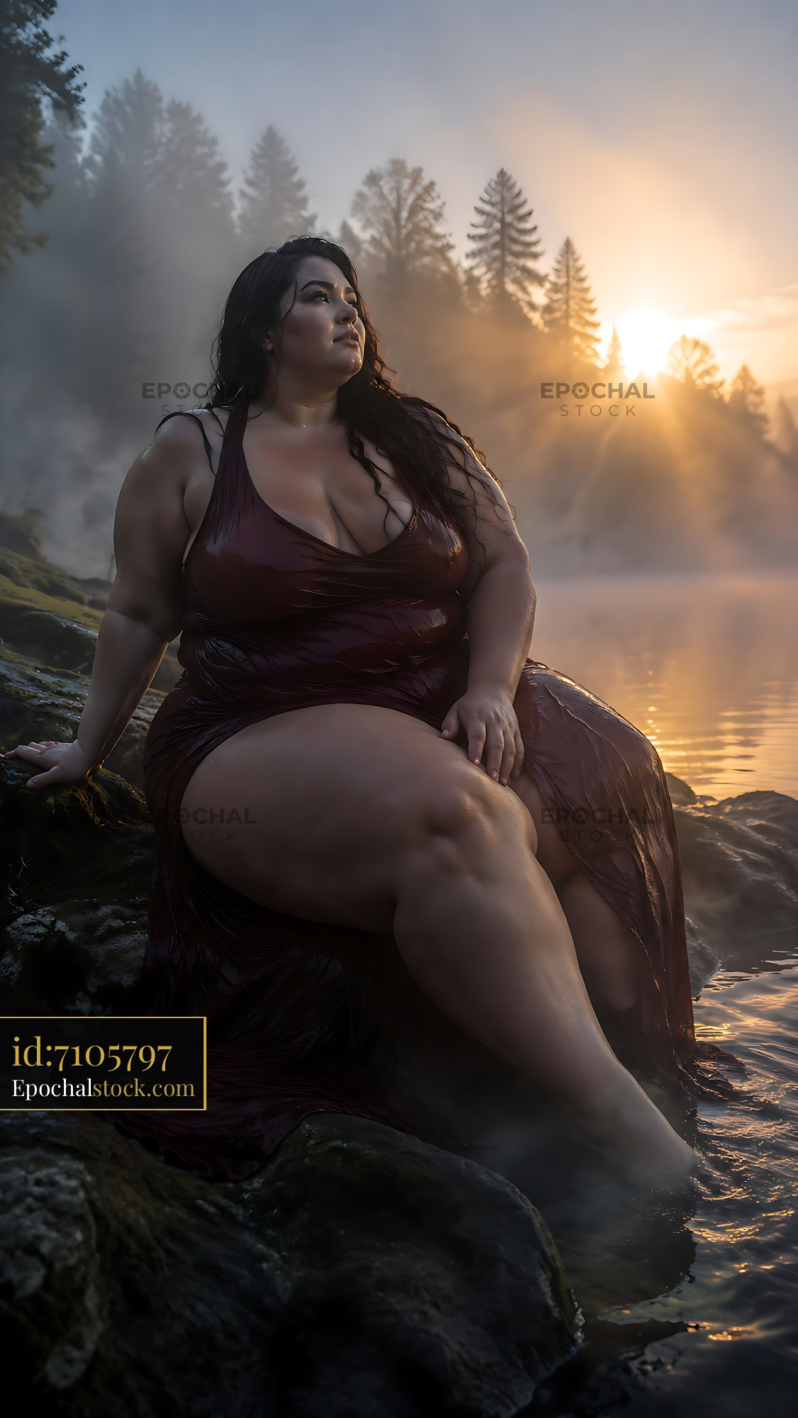 Watermarked full-resolution preview of Woman sitting on rocks by the water at sunrise