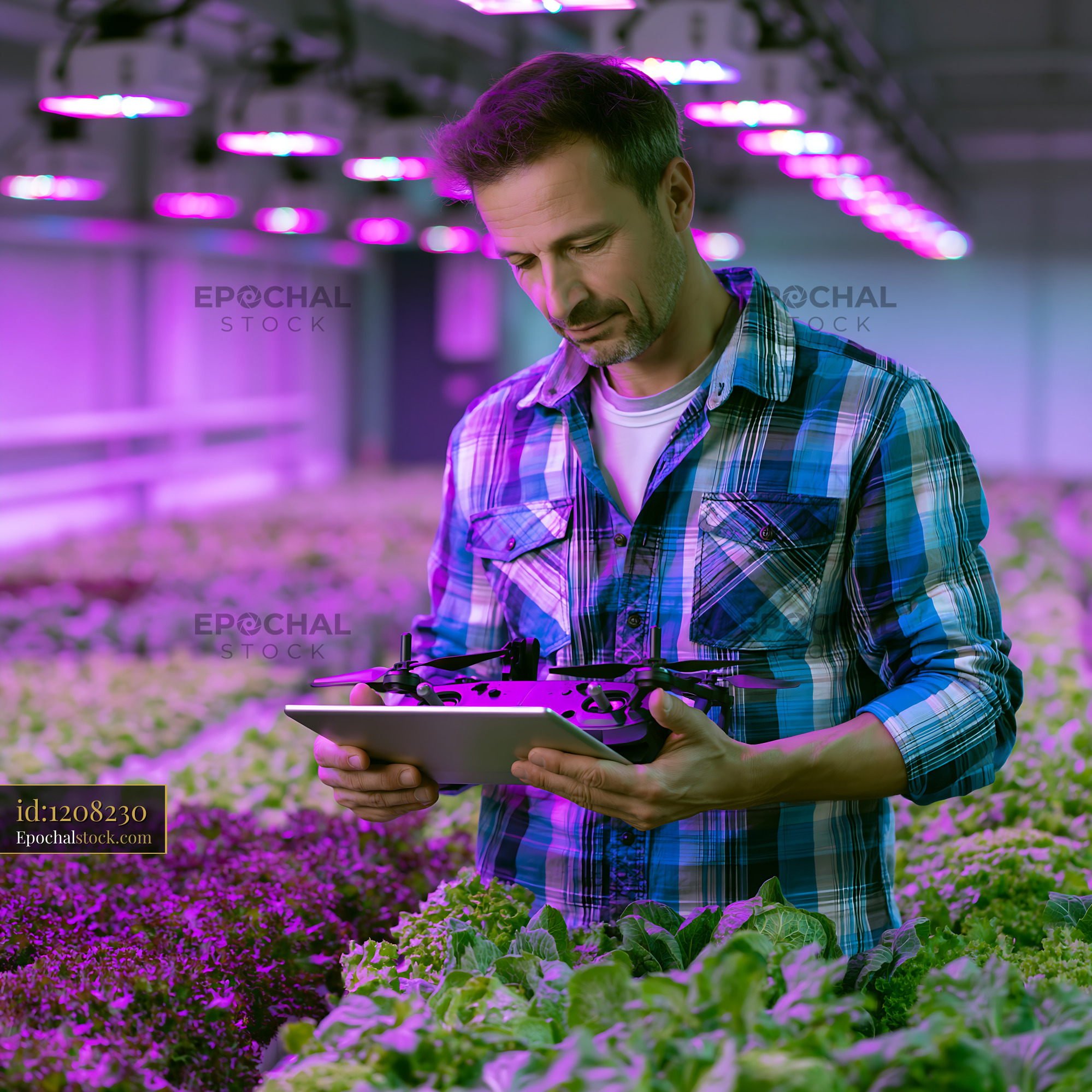 Watermarked full-resolution preview of Man using a tablet to monitor plants in a greenhouse