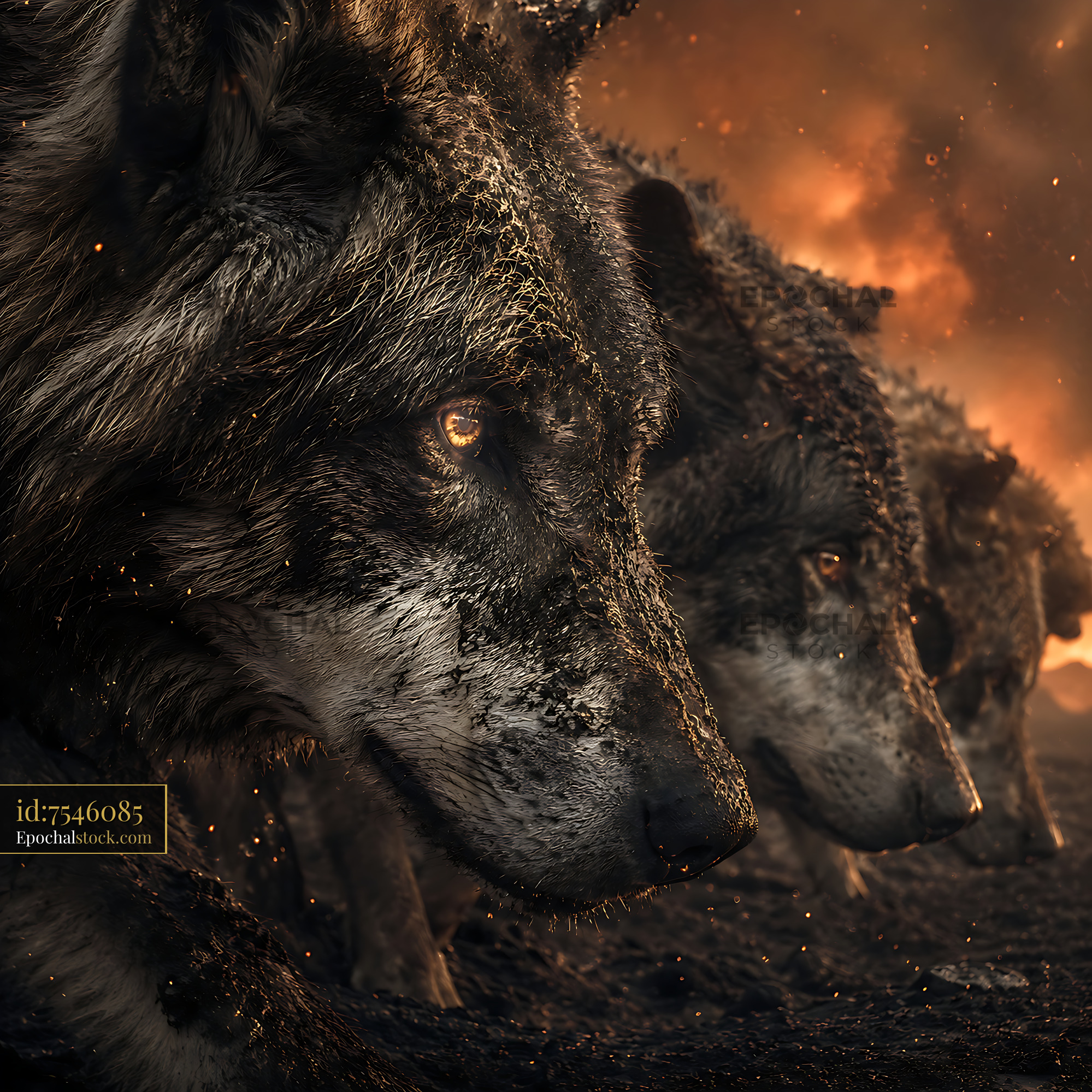 Watermarked full-resolution preview of Wolves in shadow with fiery background at dusk
