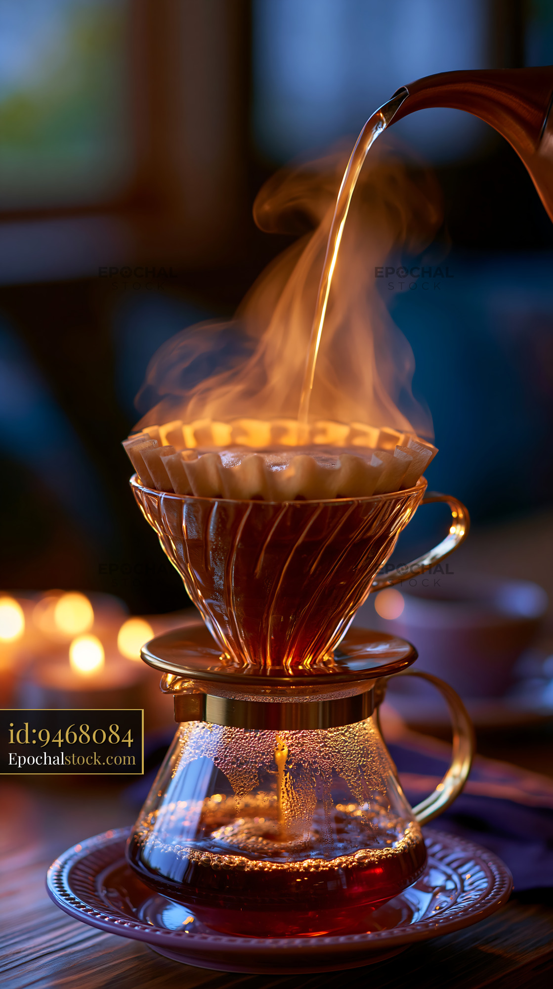 Watermarked full-resolution preview of Brewing coffee with steam rising in a cozy setting