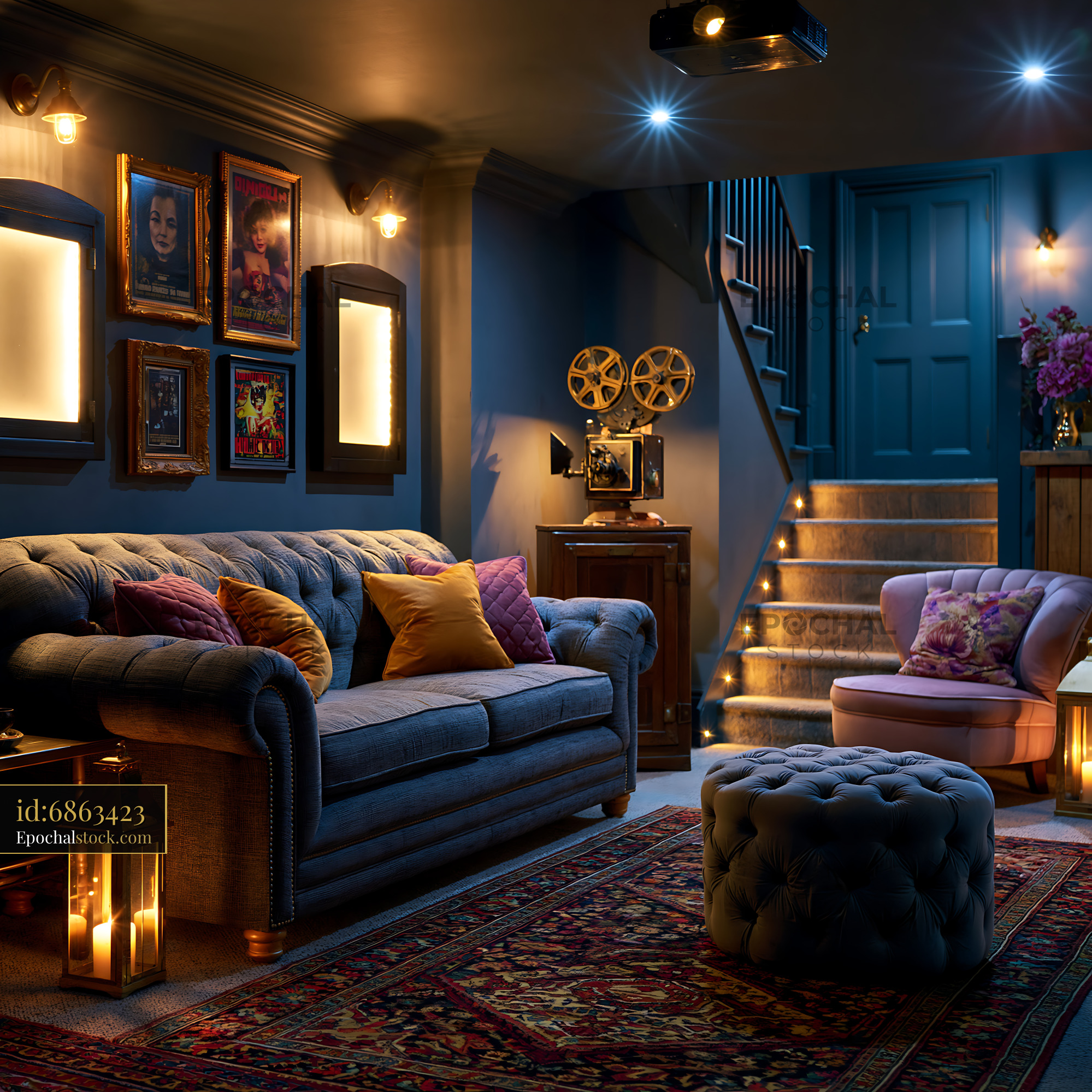 Watermarked full-resolution preview of Cozy living room with vintage decor and dim lighting