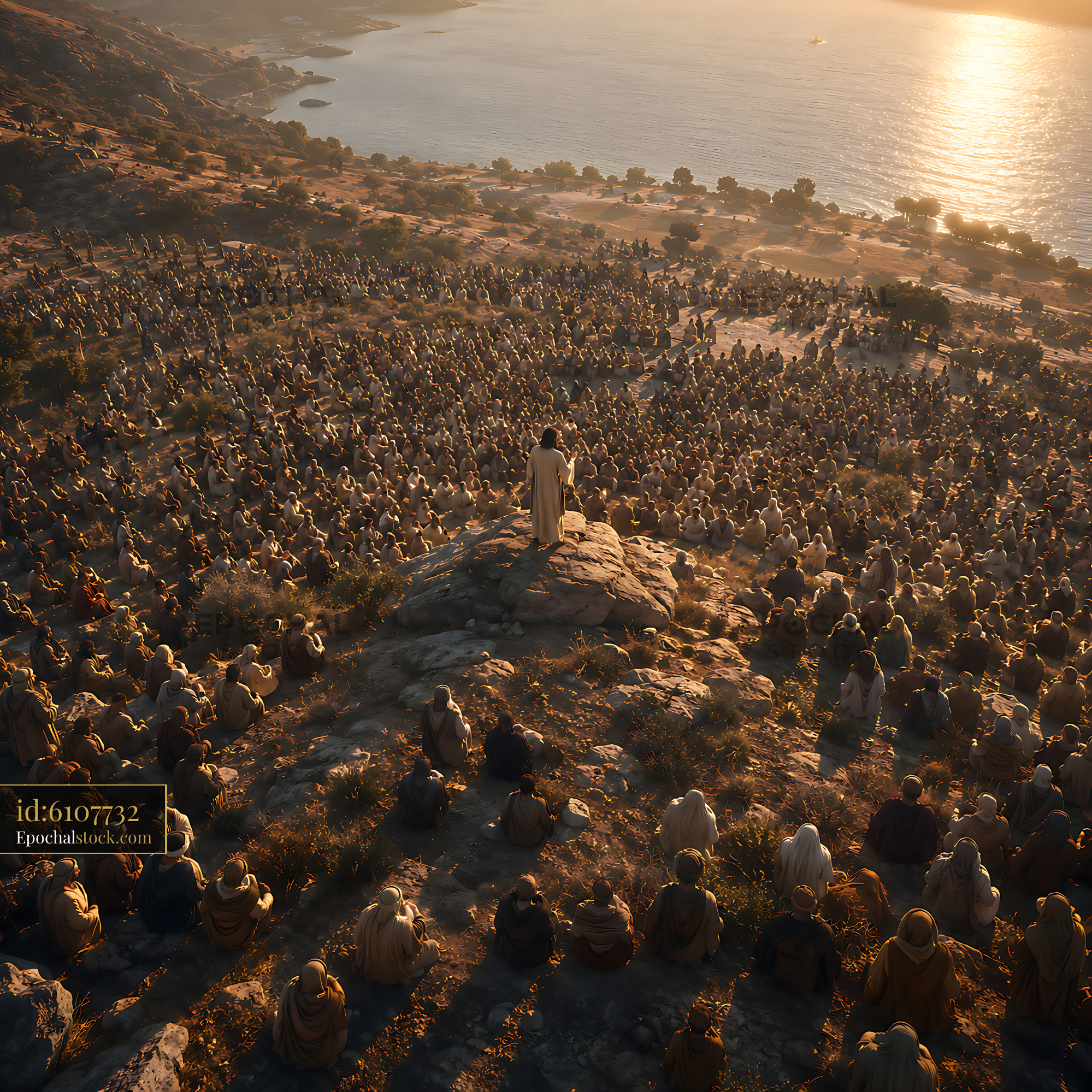 Watermarked full-resolution preview of Crowd listening to speaker on hillside at sunset