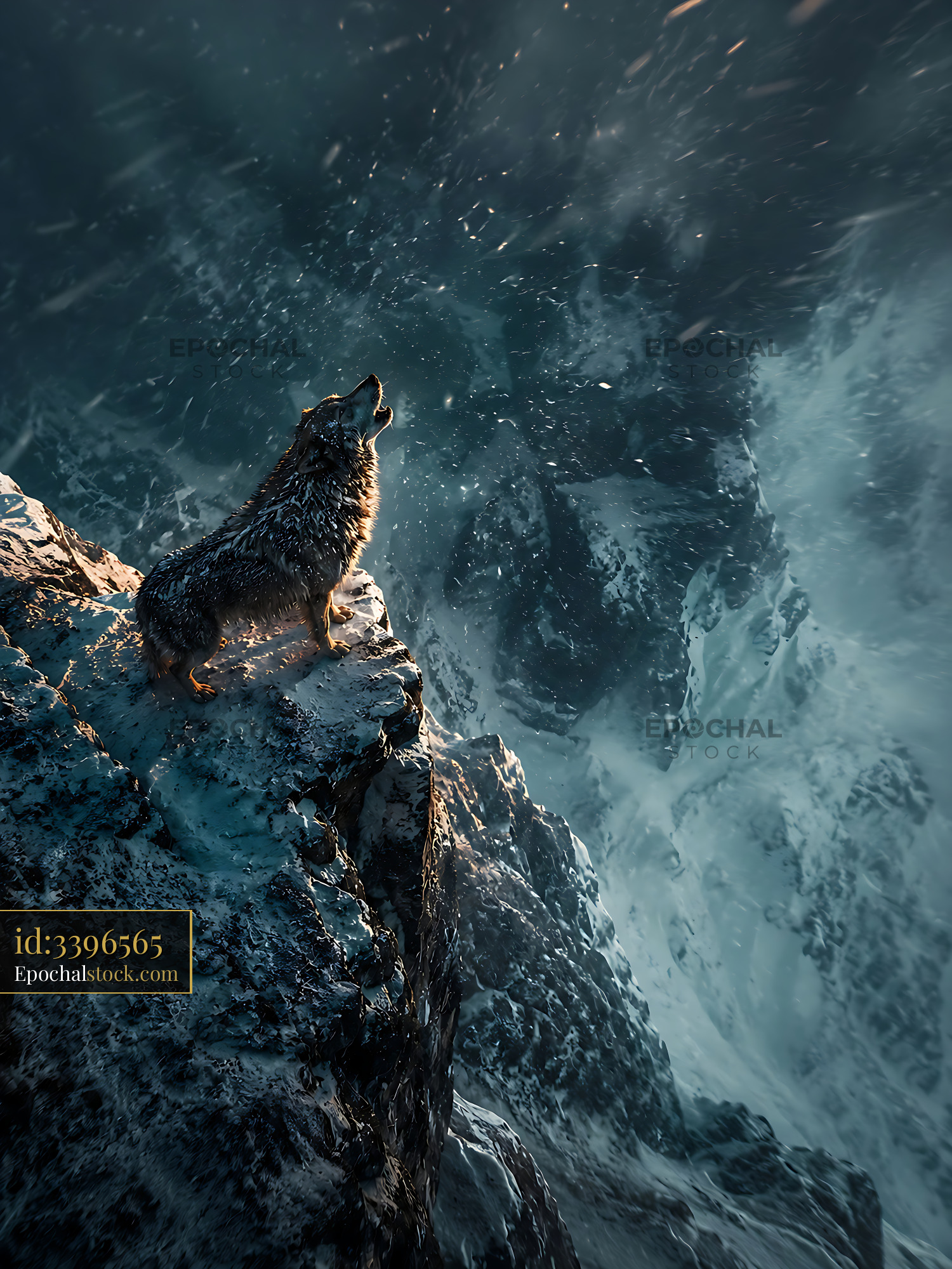 Watermarked full-resolution preview of Wolf howling on a snowy mountain cliff during winter