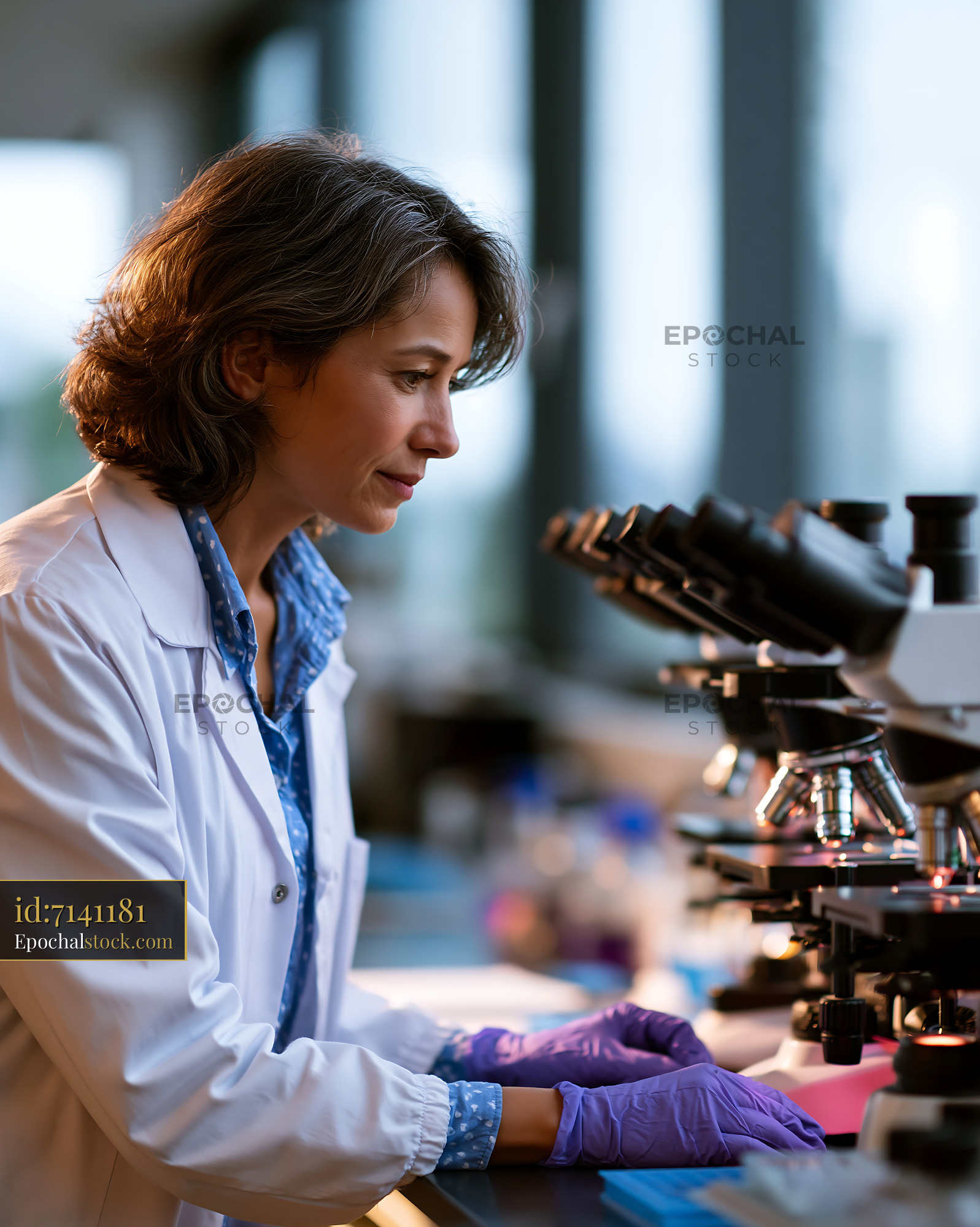 Watermarked full-resolution preview of Scientist working with microscopes in laboratory