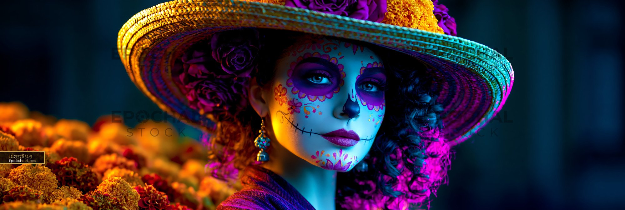 Watermarked full-resolution preview of Woman in colorful attire with sugar skull makeup and flowers