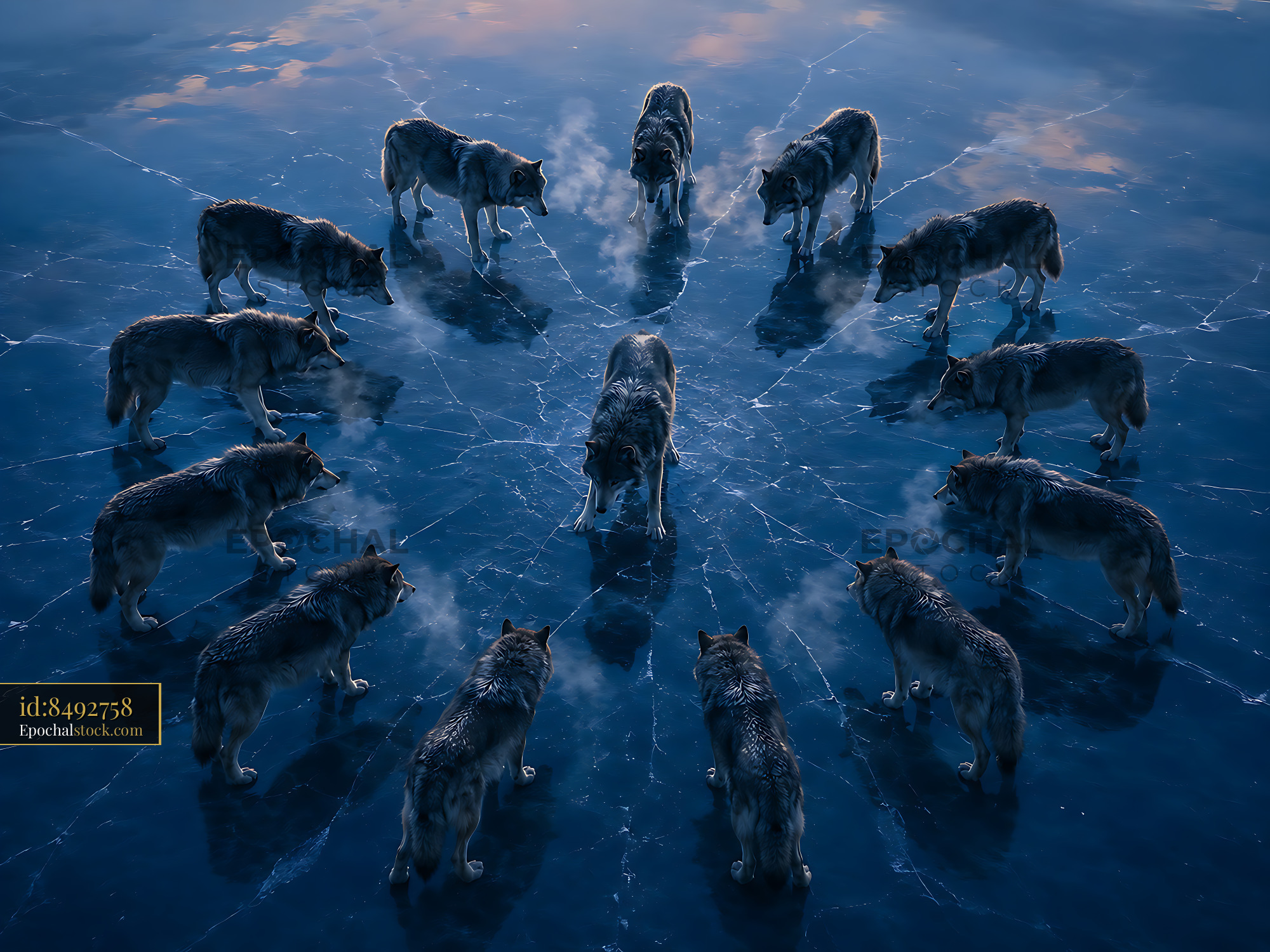 Wolves Gather in a Circle on Icy Ground at Dawn - stock photo