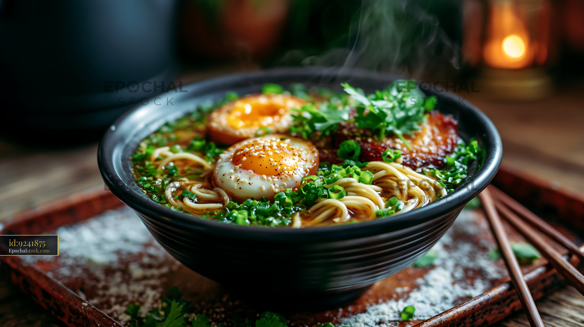 Watermarked full-resolution preview of Delicious ramen bowl with eggs and herbs on a wooden table