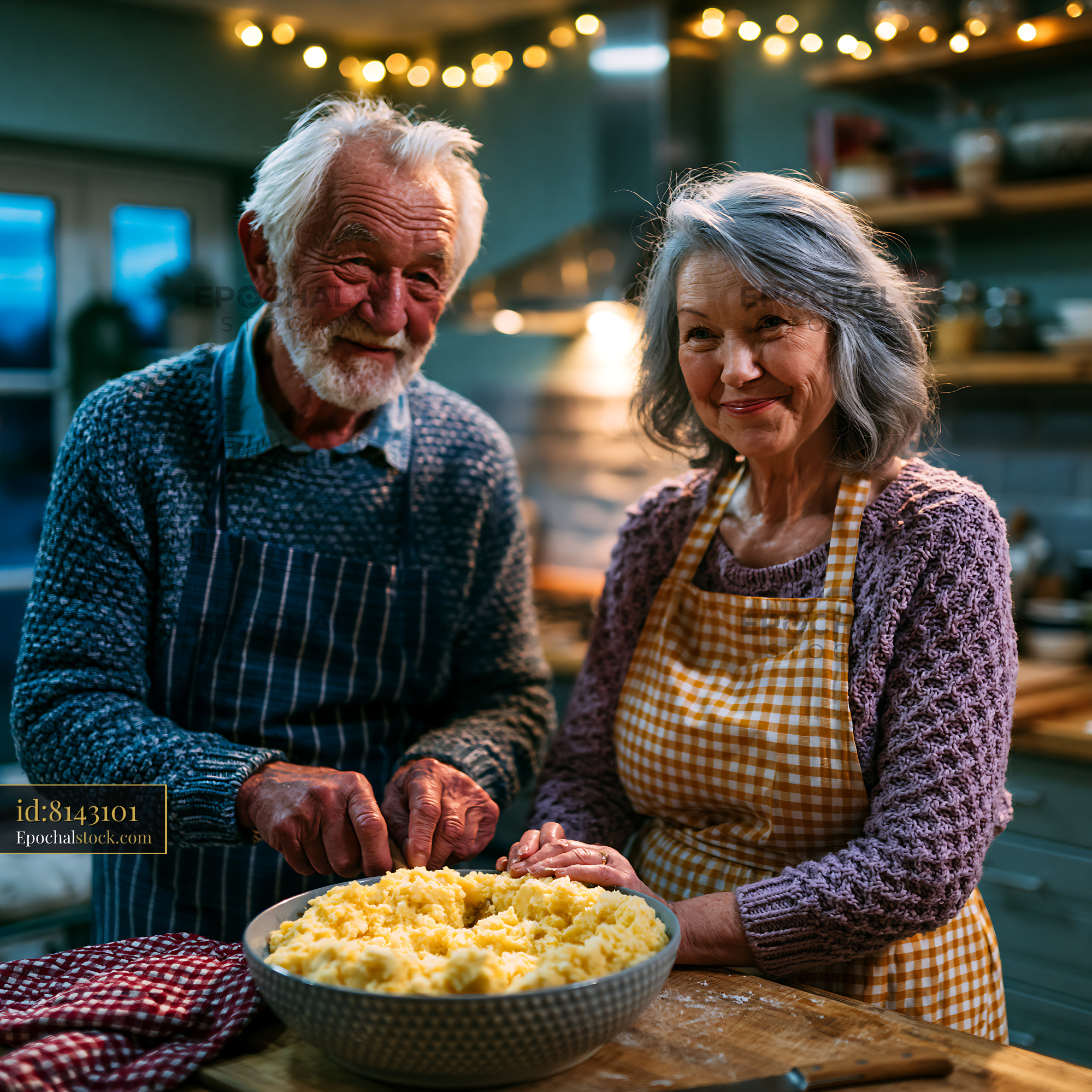 Watermarked full-resolution preview of Elderly couple preparing mashed potatoes in a cozy kitchen