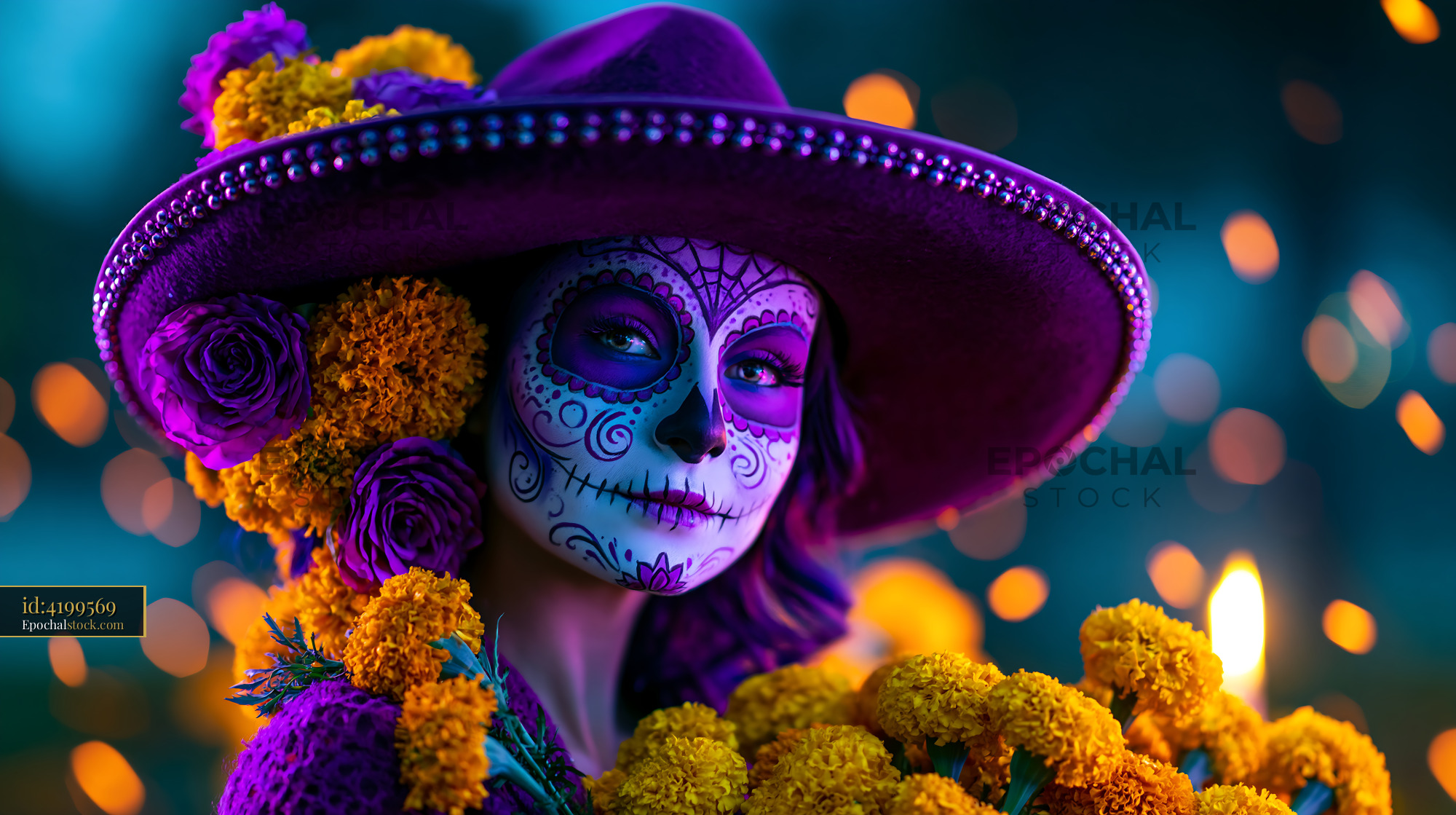 Watermarked full-resolution preview of Colorful sugar skull portrait with flowers and sombrero