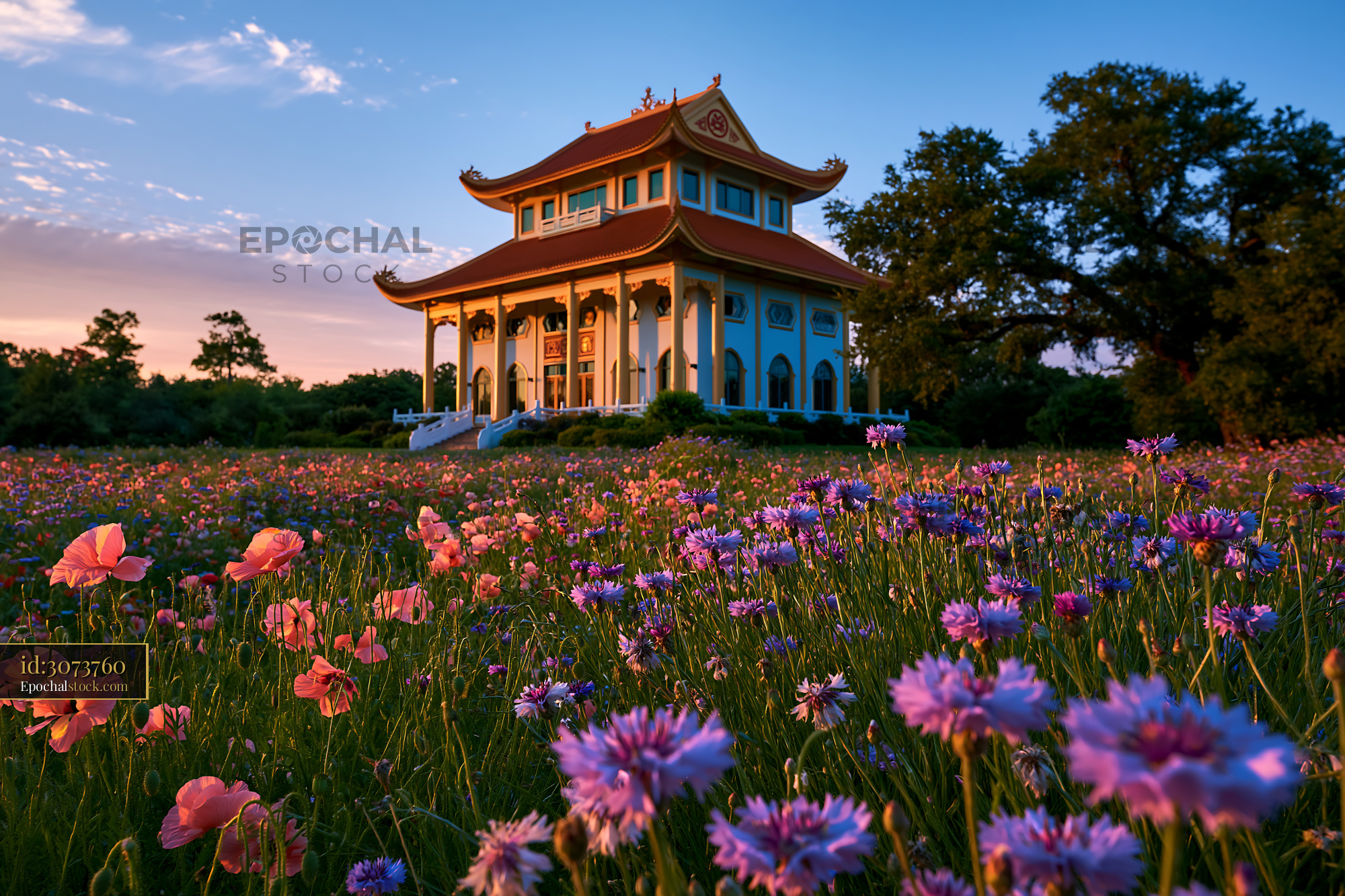 Watermarked full-resolution preview of Colorful flowers in front of a traditional building during sunset