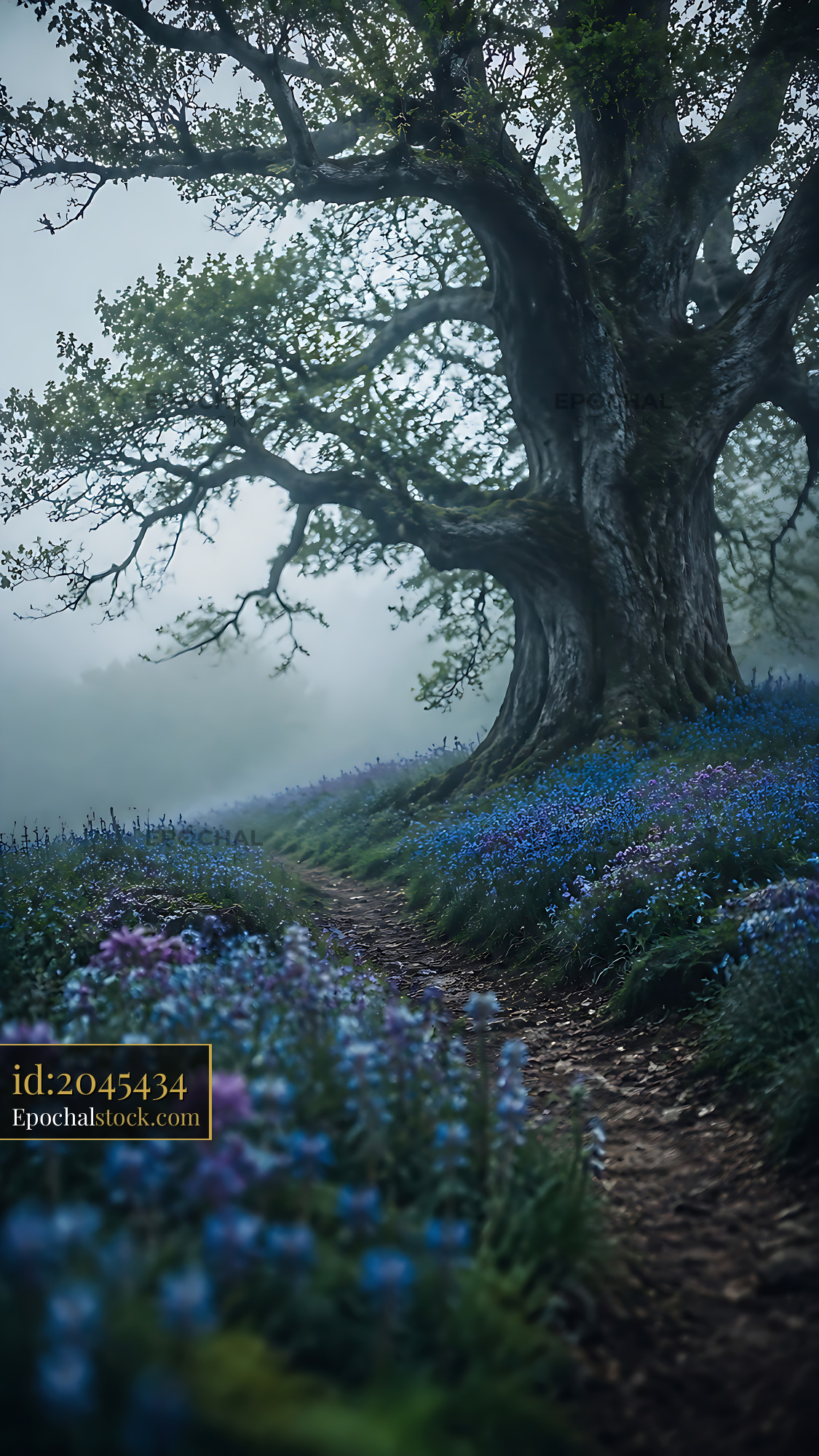 Watermarked full-resolution preview of Path through blue flowers and a large tree in fog