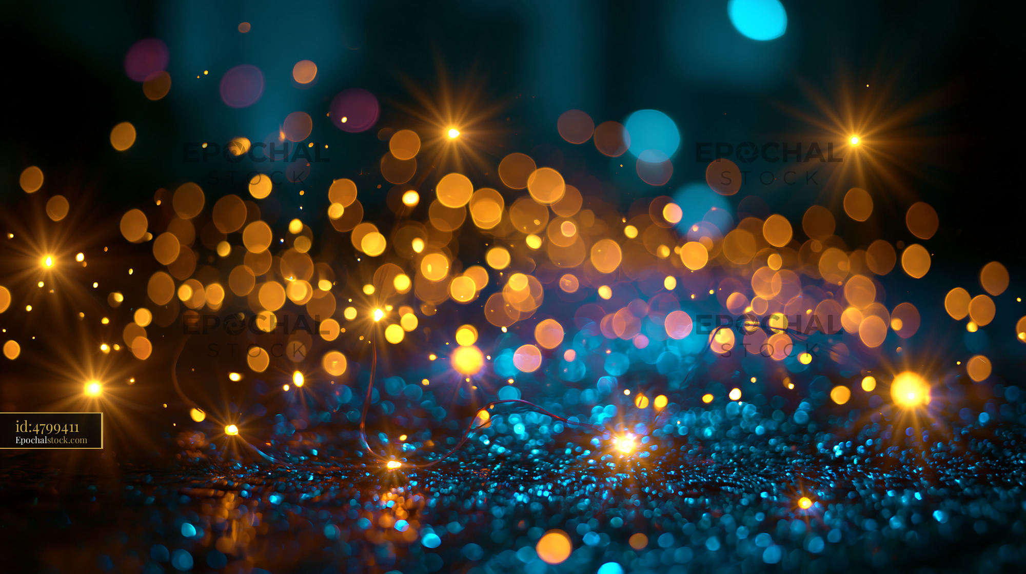 Bokeh Lights Create Bright Patterns on Dark Surface at Night - stock photo