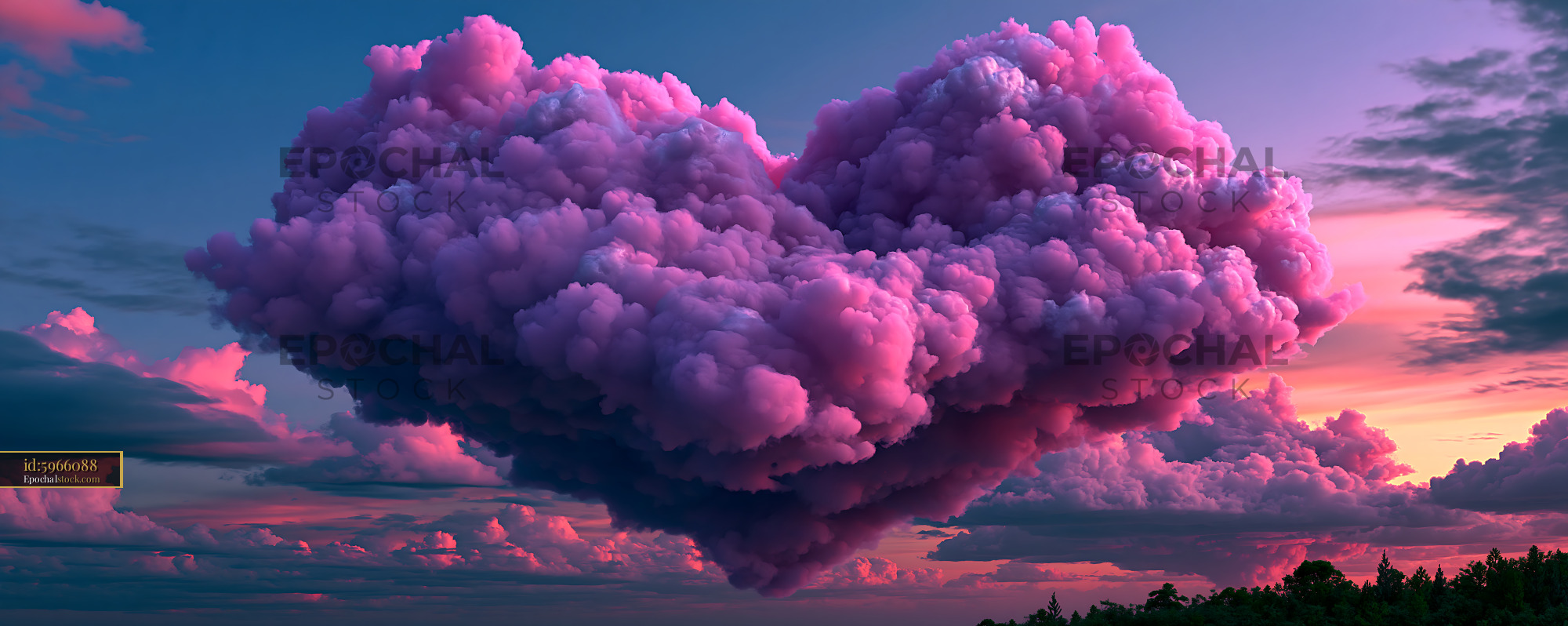 Watermarked full-resolution preview of Heart-shaped clouds in the sky at sunset over a forest