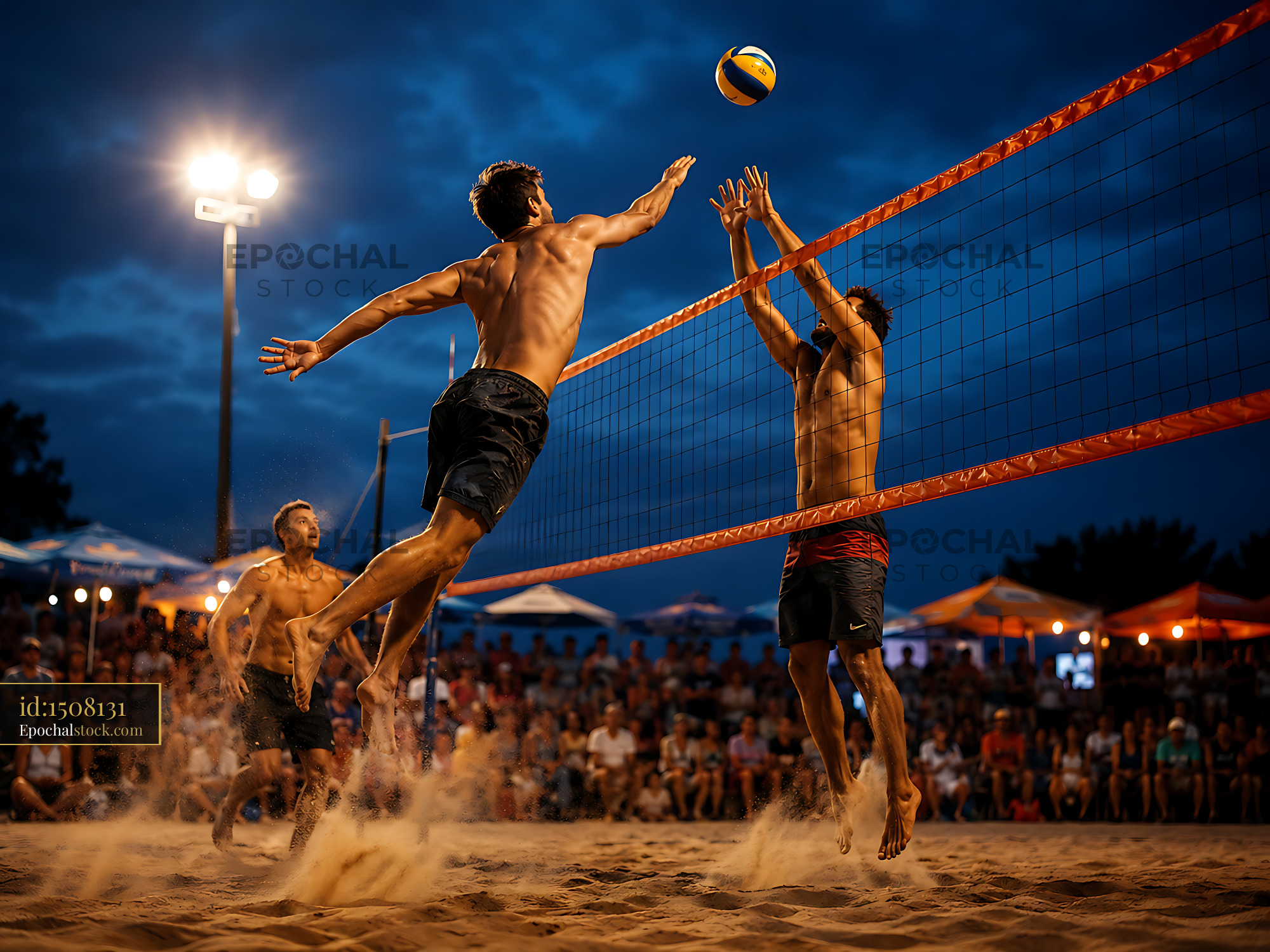 Watermarked full-resolution preview of Beach volleyball match at sunset with players jumping