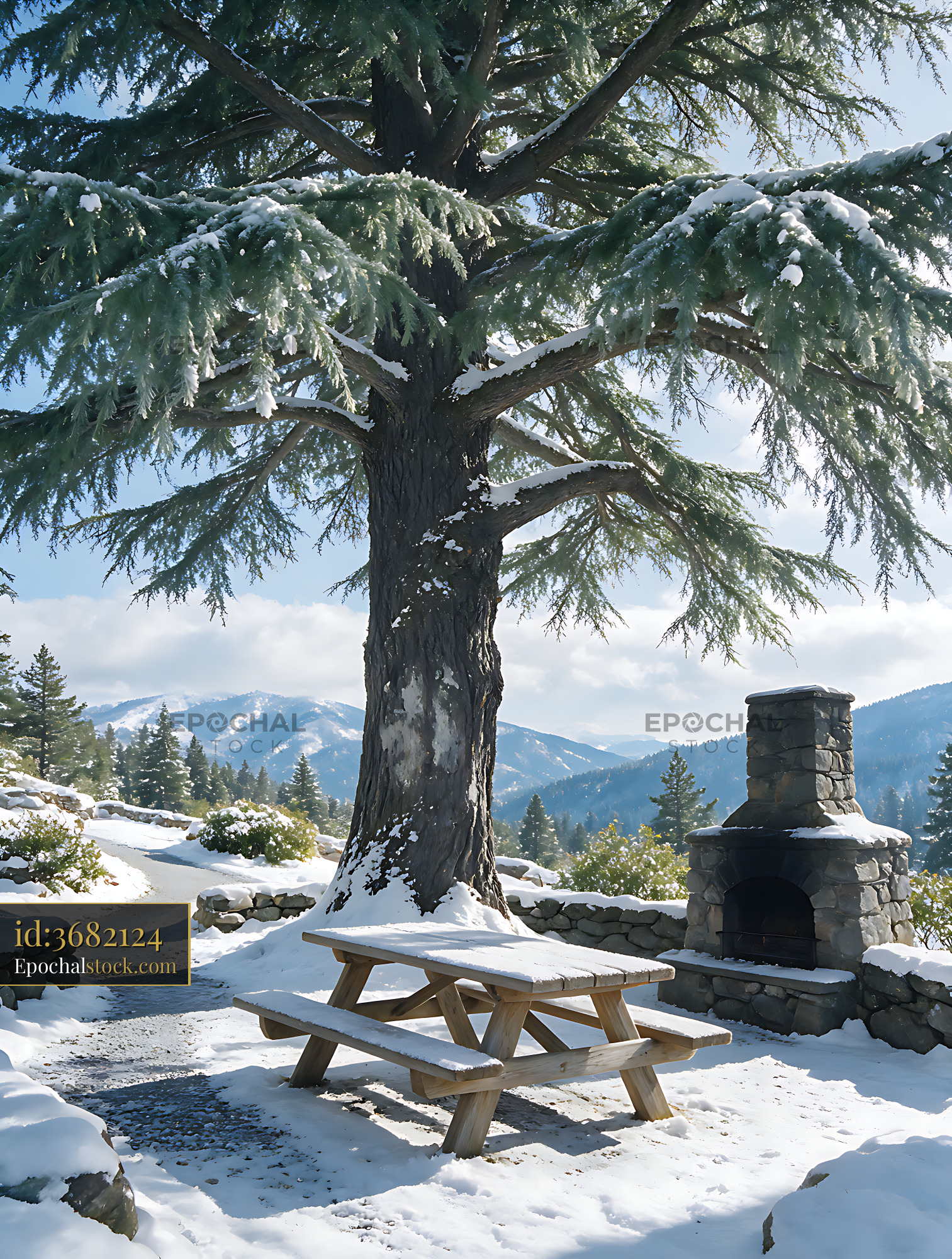 Large shade tree over picnic area with snow on ground