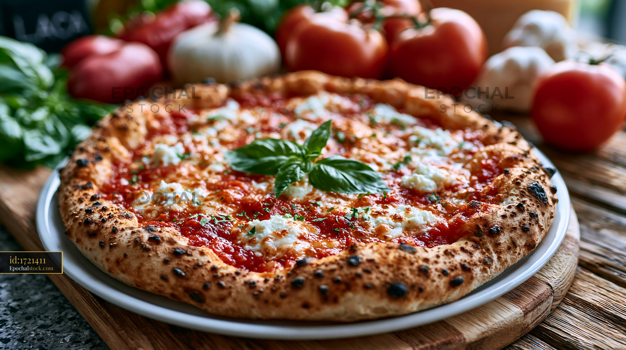 Watermarked full-resolution preview of Freshly baked pizza with cheese and basil on a wooden table