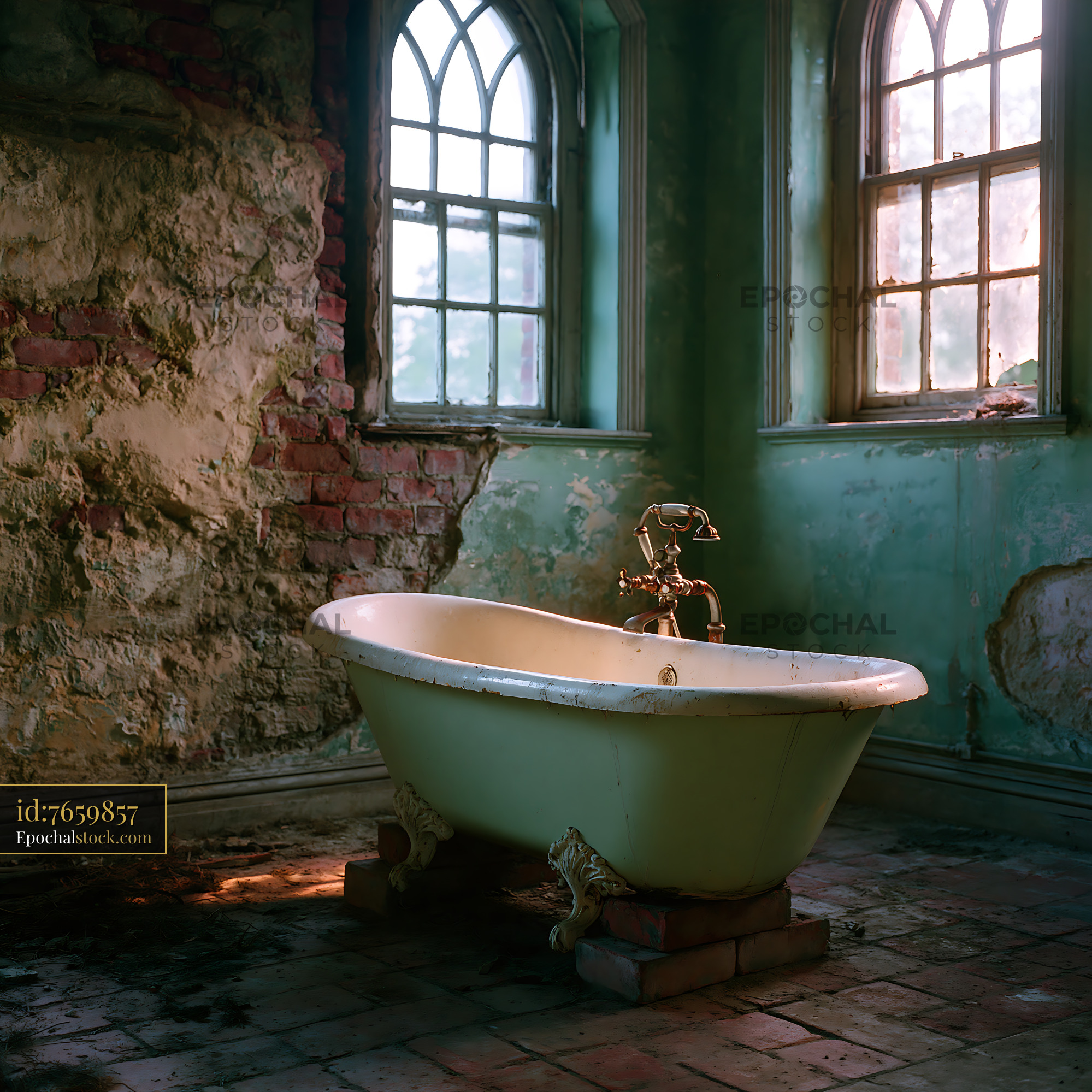Watermarked full-resolution preview of Old bathtub in a rustic room with peeling walls and light from windows