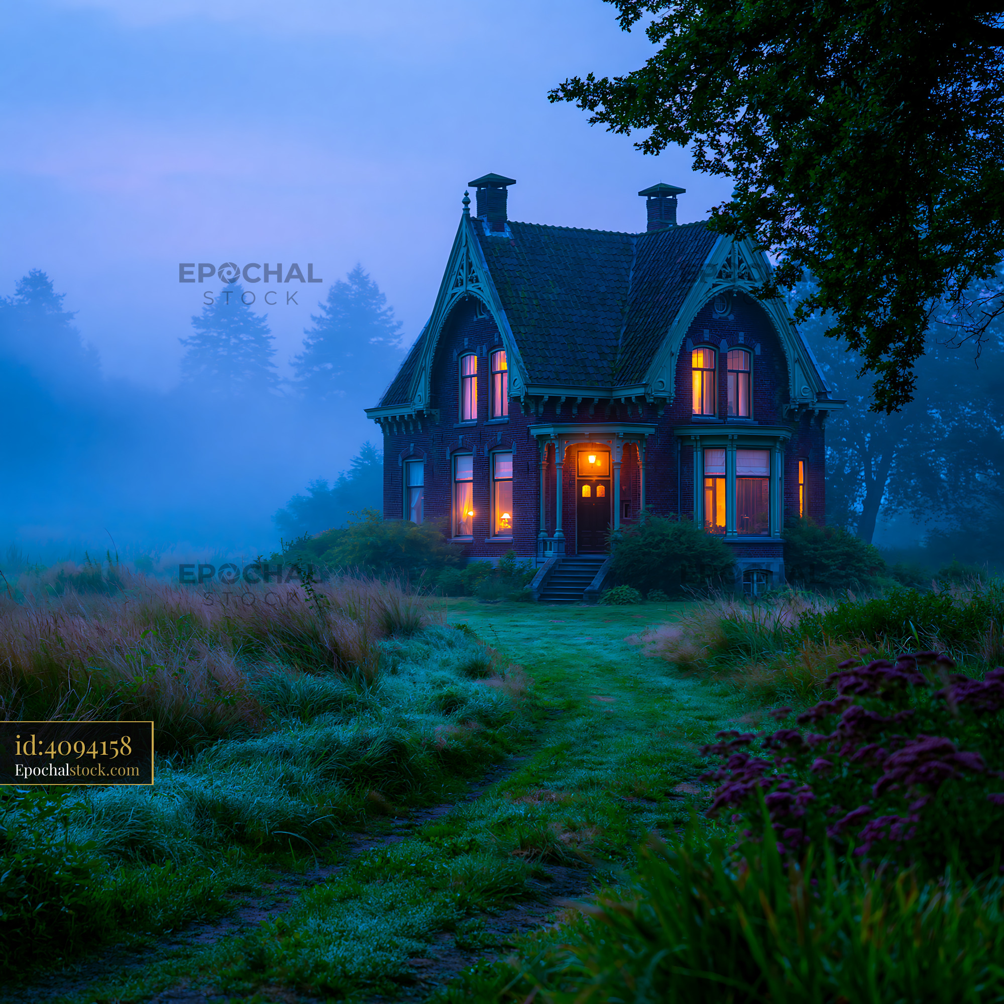 Watermarked full-resolution preview of Ornate brick house with glowing windows in evening mist