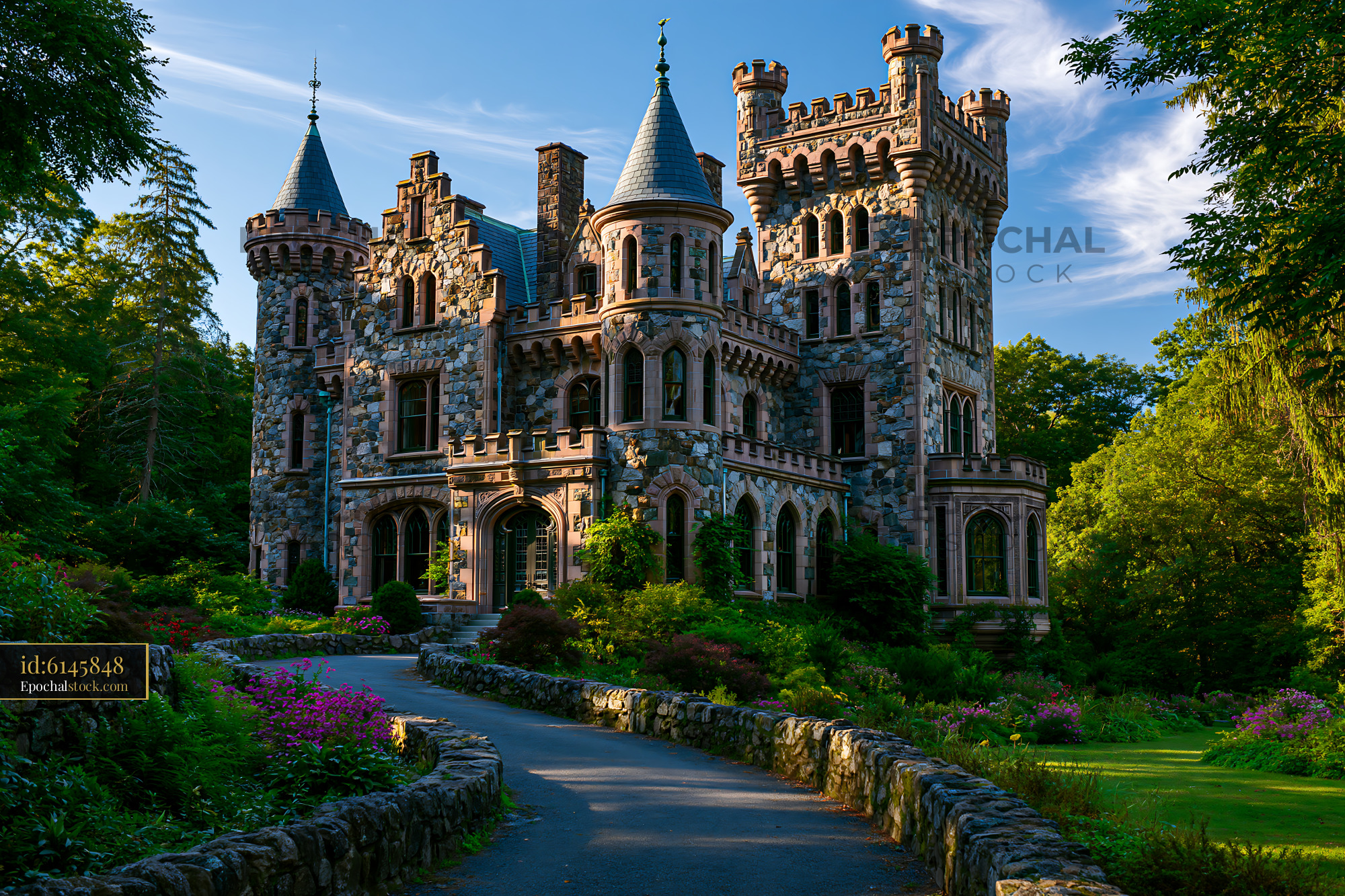 Watermarked full-resolution preview of Historic castle with stone architecture in a lush garden setting
