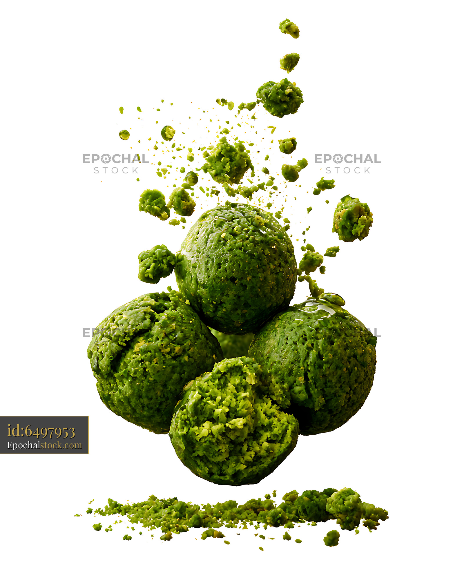 Watermarked full-resolution preview of Abstract green avocado food arrangement with flying pieces