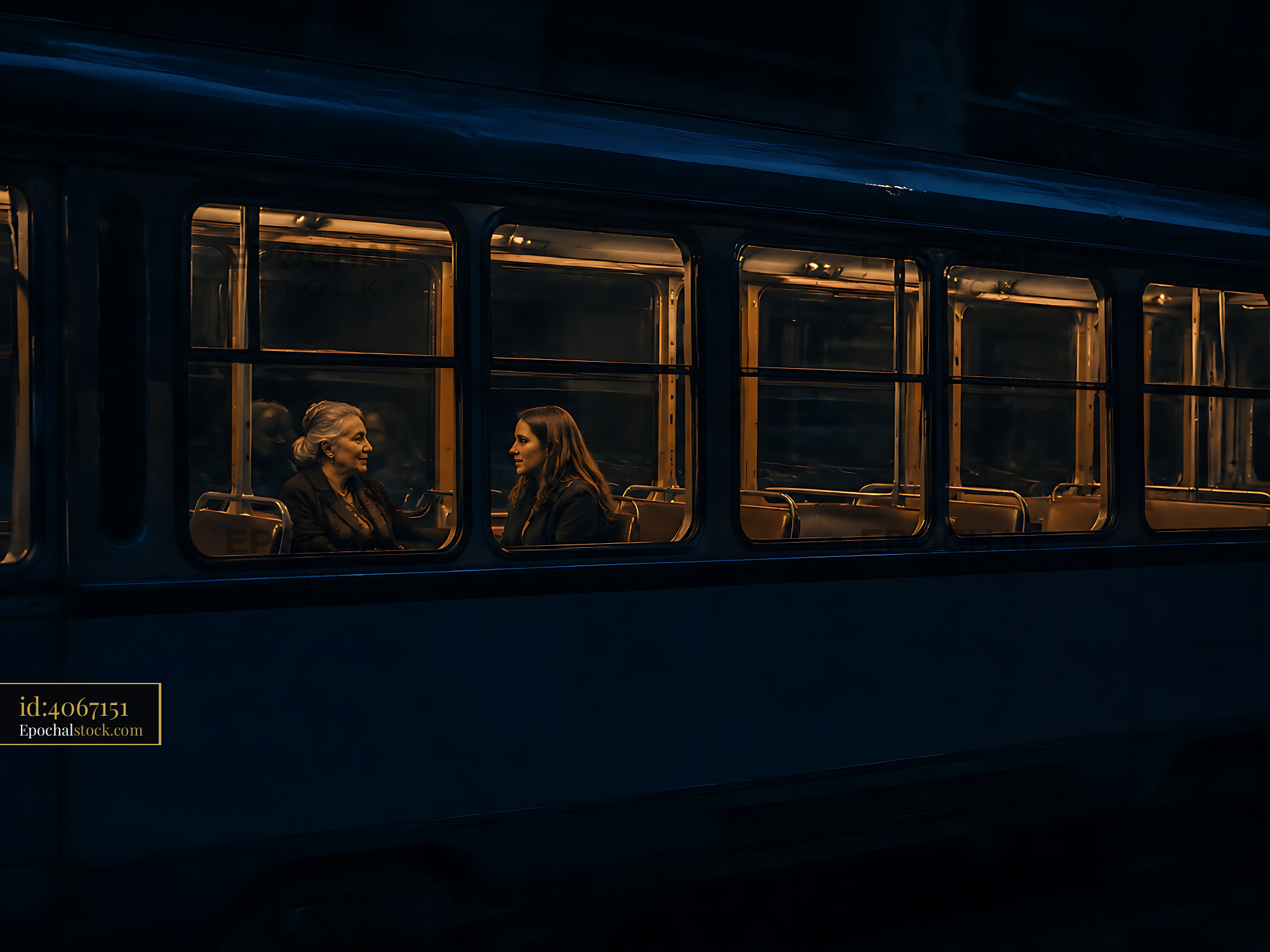 Watermarked full-resolution preview of Two women talking in a tram at night