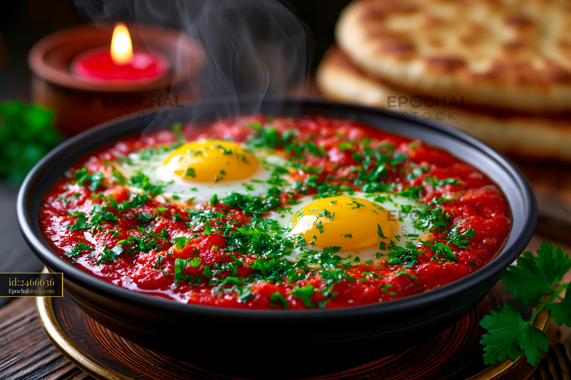Watermarked full-resolution preview of Freshly cooked eggs in tomato sauce served with bread