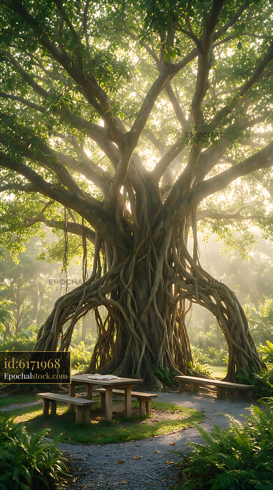 Watermarked full-resolution preview of Banyan tree shading a picnic area in a lush garden