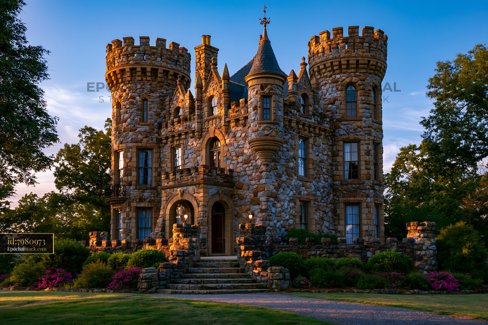 Watermarked full-resolution preview of Castle with stone walls and towers during sunset