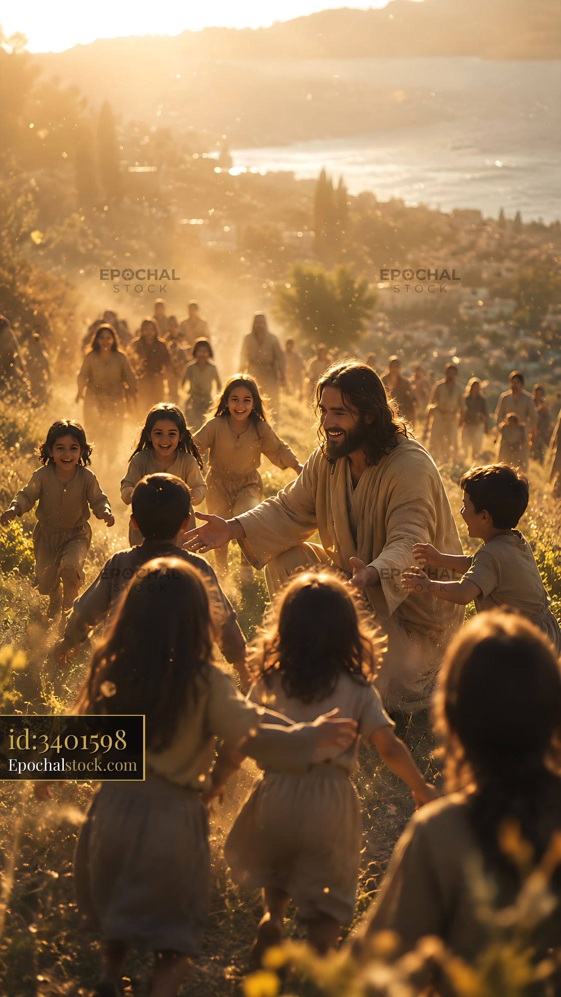 Jesus Among Children in a Golden Field During Sunset - stock photo