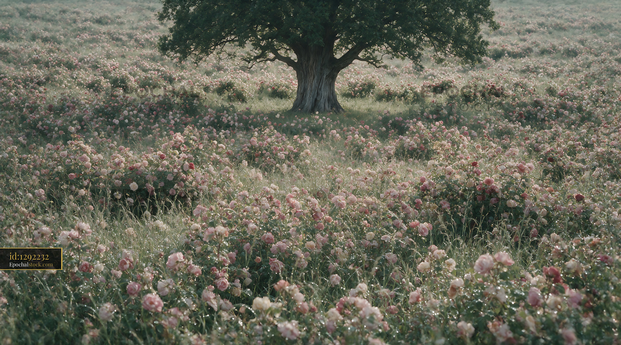 Watermarked full-resolution preview of Field of flowers under a large tree in daylight