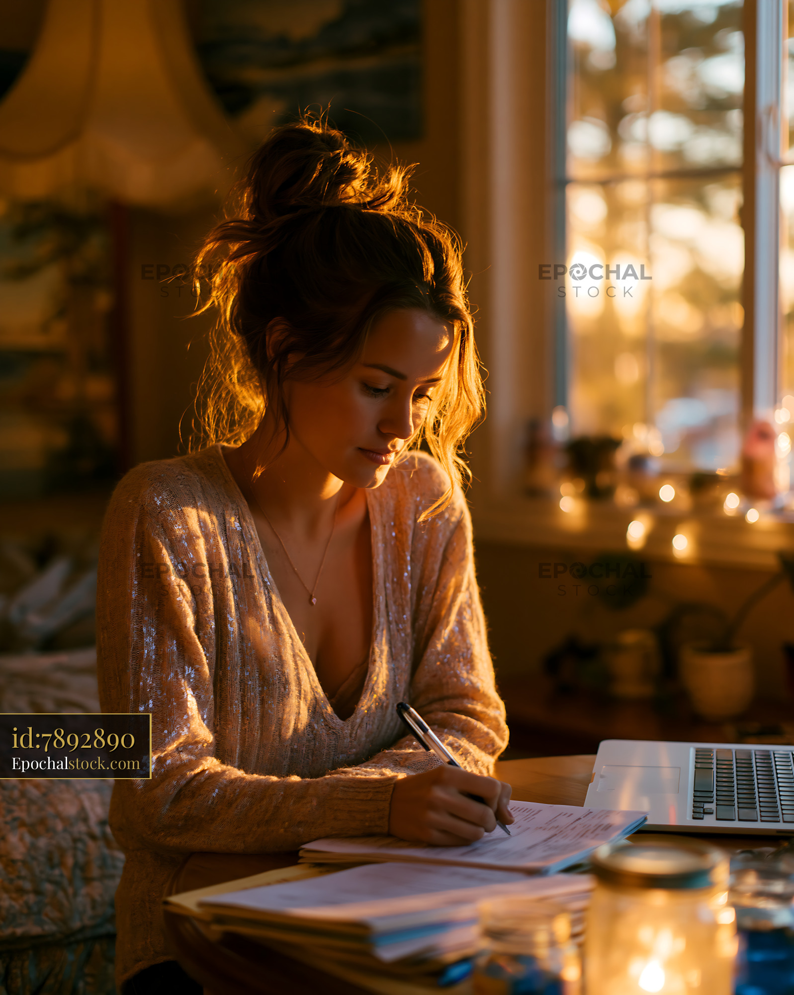Watermarked full-resolution preview of Woman writing notes at a table during sunset