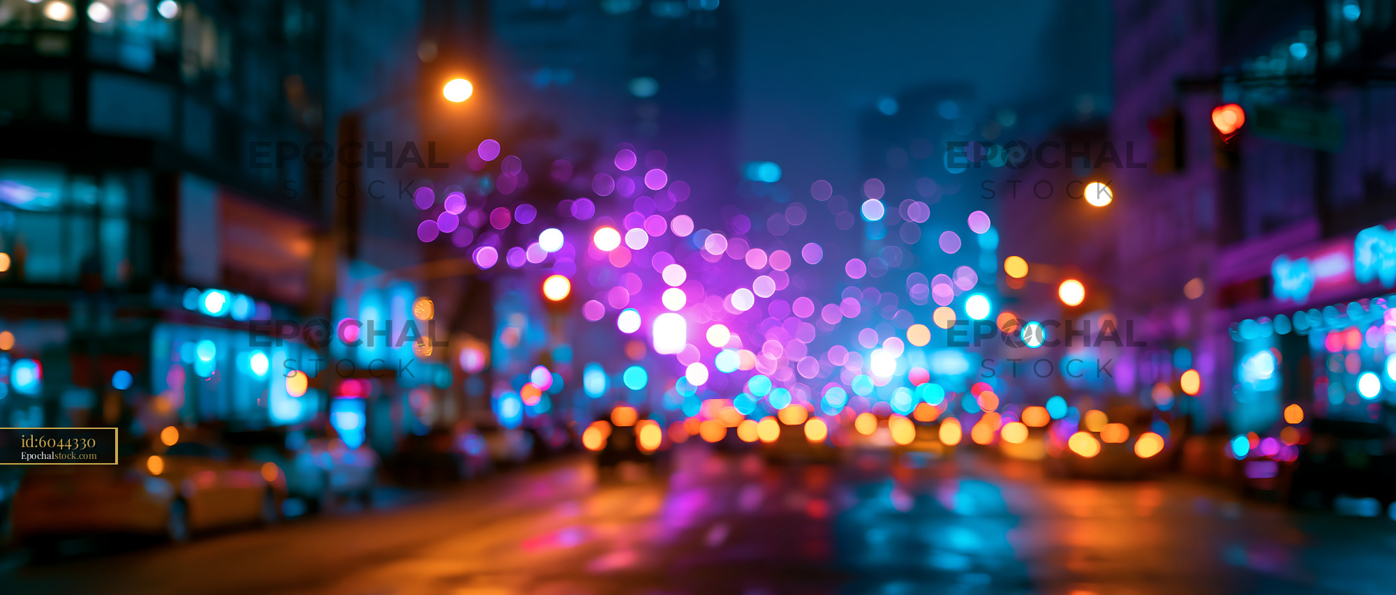 Watermarked full-resolution preview of City street at night with colorful lights and blurred effects