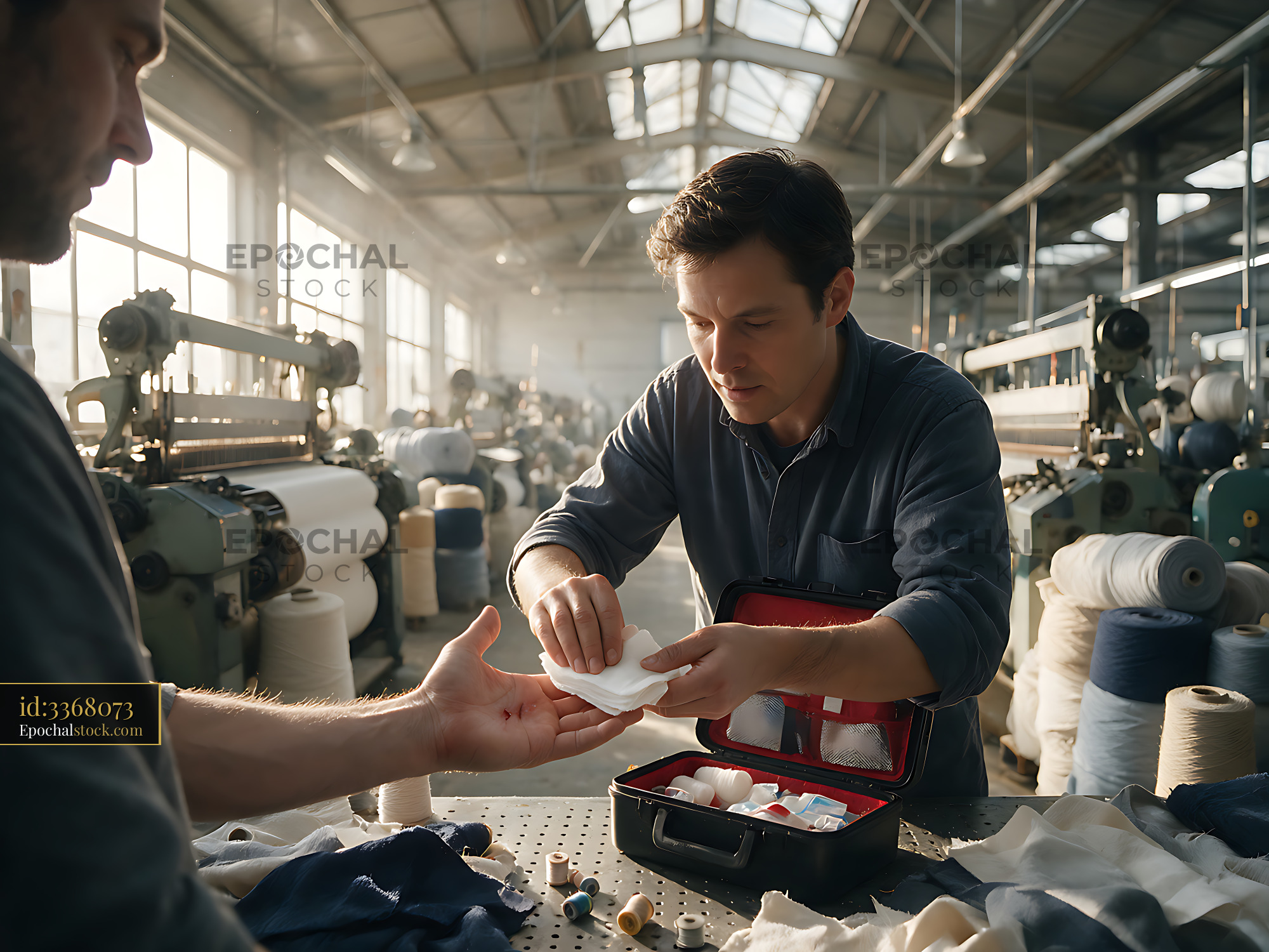 Watermarked full-resolution preview of Workers handling fabric beside textile machinery