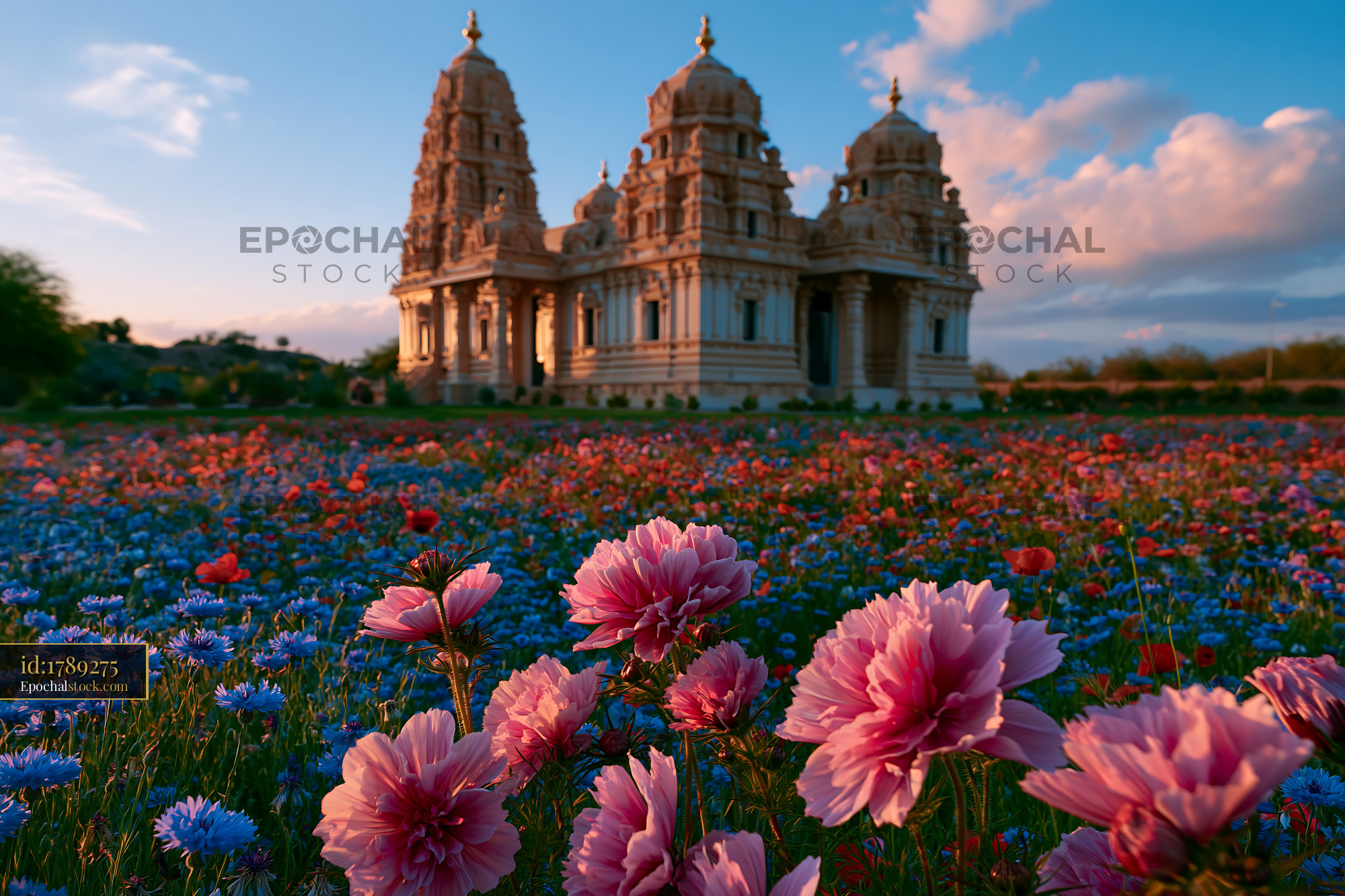 Watermarked full-resolution preview of Flowers bloom in front of temple in the evening light