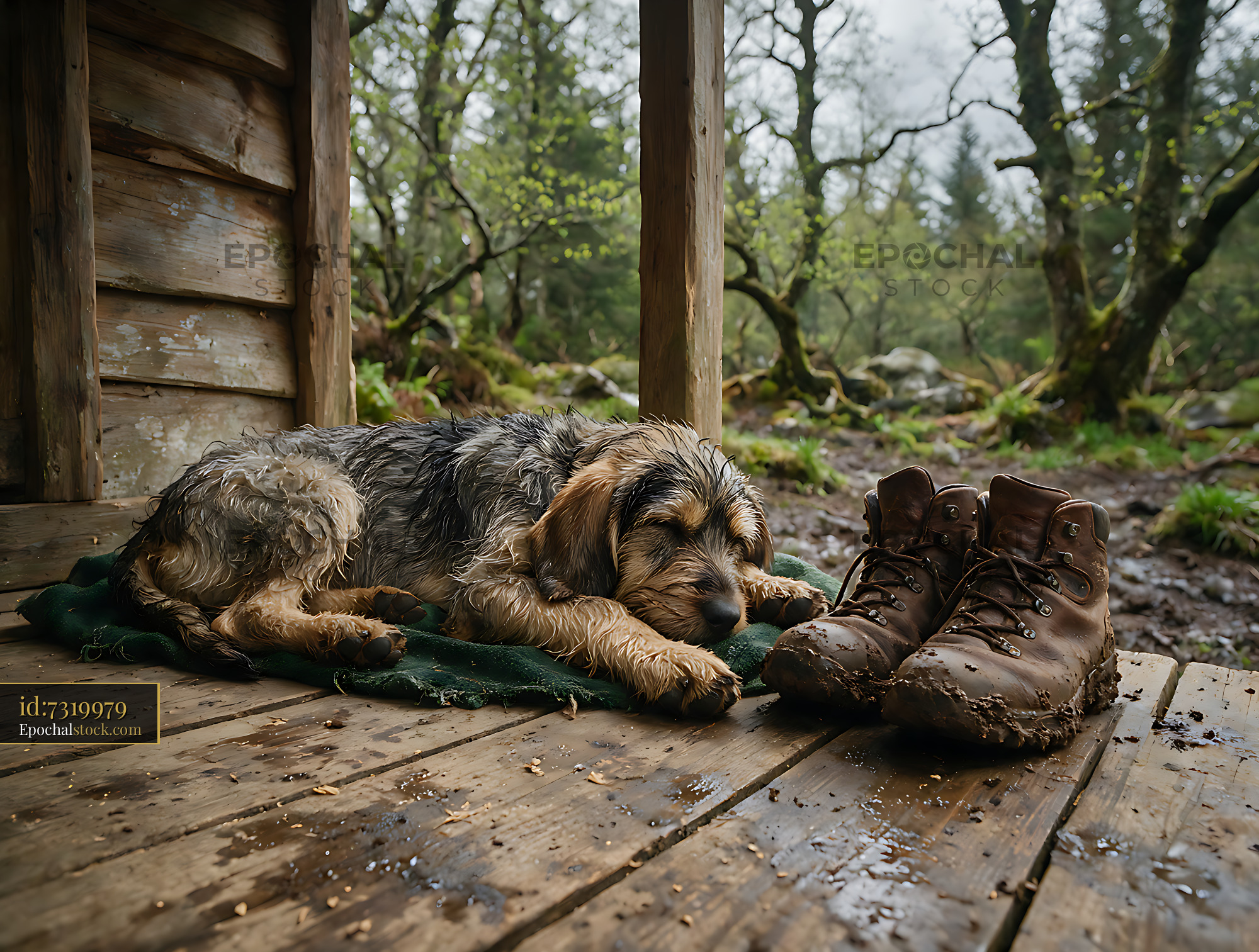 Watermarked full-resolution preview of Shaggy puppy asleep beside muddy boots in a forest shelter