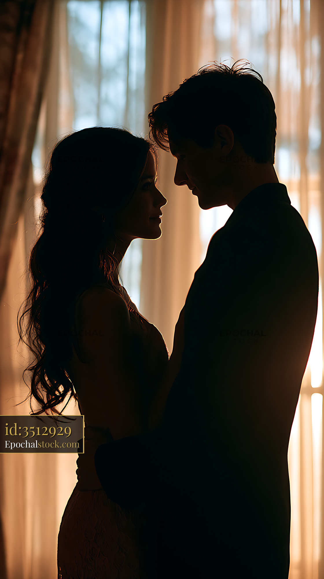 Watermarked full-resolution preview of Silhouetted couple sharing an intimate moment indoors