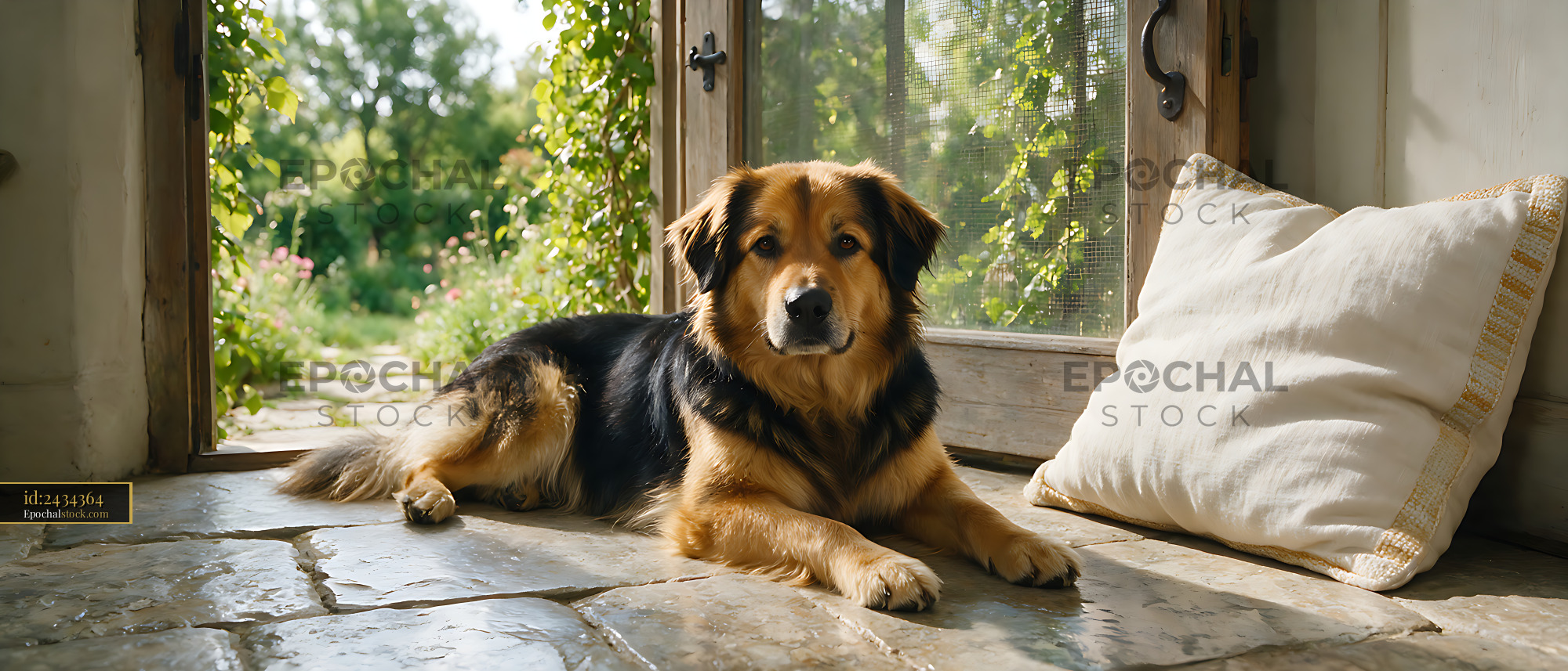 Watermarked full-resolution preview of Dog relaxing indoors beside an open garden doorway
