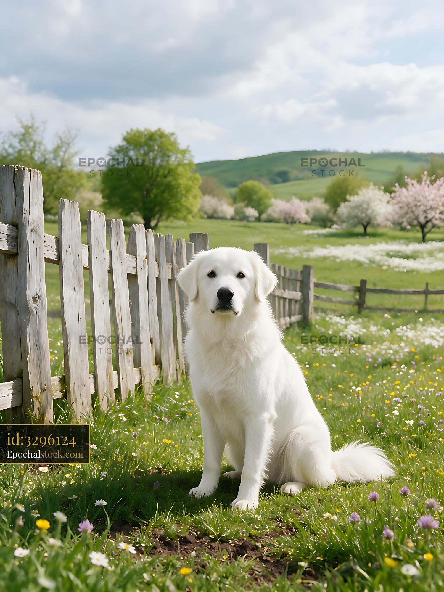 Watermarked full-resolution preview of Fluffy white dog in a spring countryside meadow