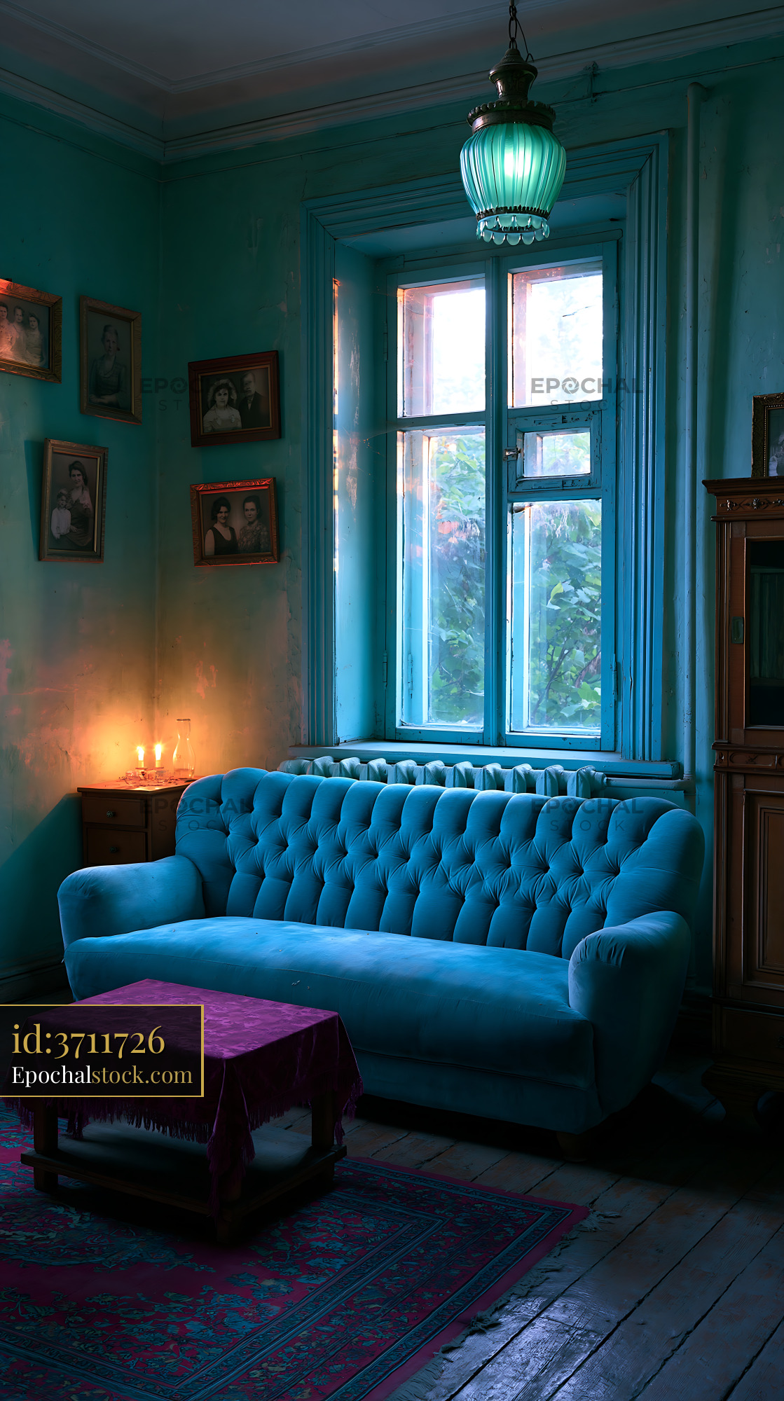 Watermarked full-resolution preview of Blue sofa in a vintage room with natural light