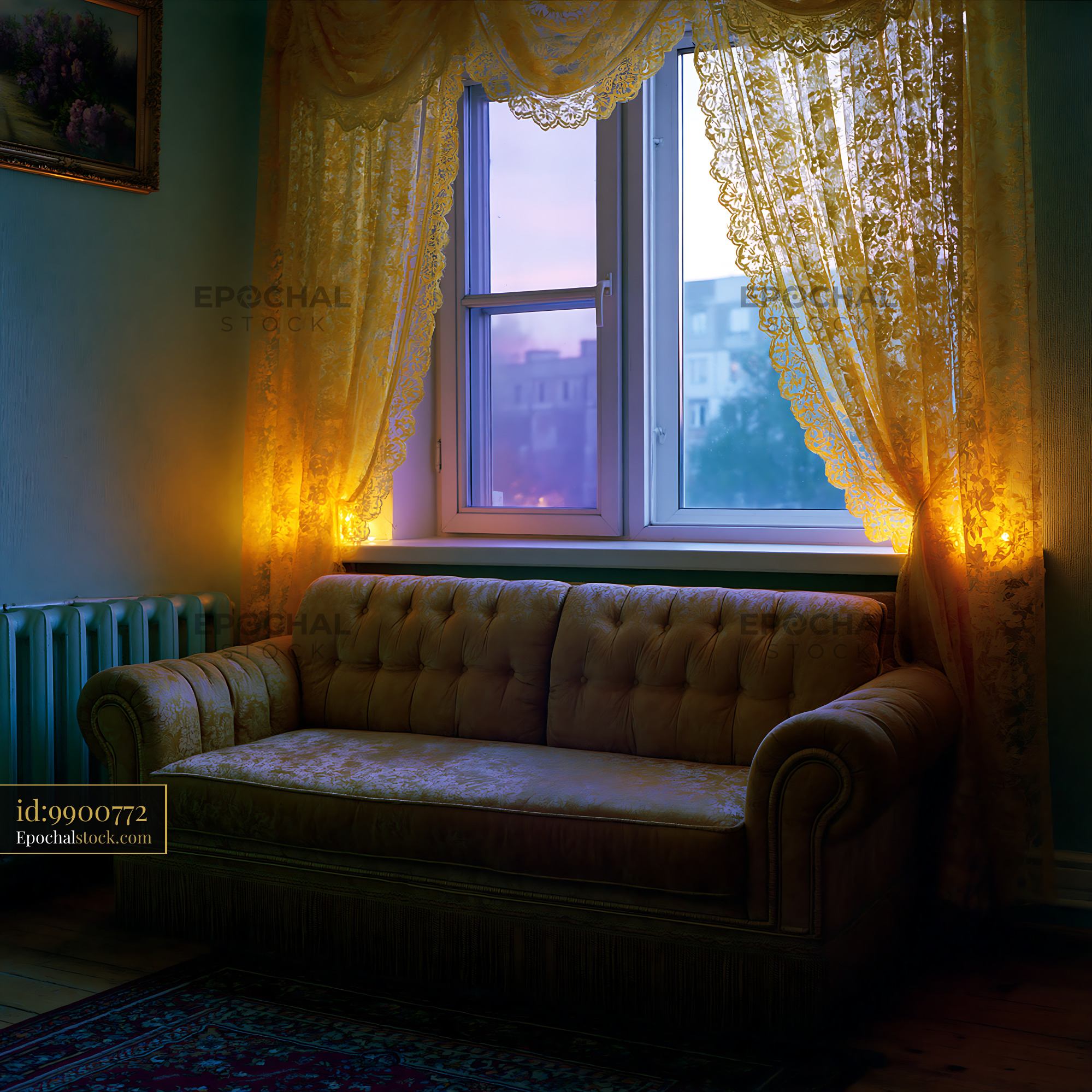 Watermarked full-resolution preview of Cozy living room with a sofa and warm lighting at dusk