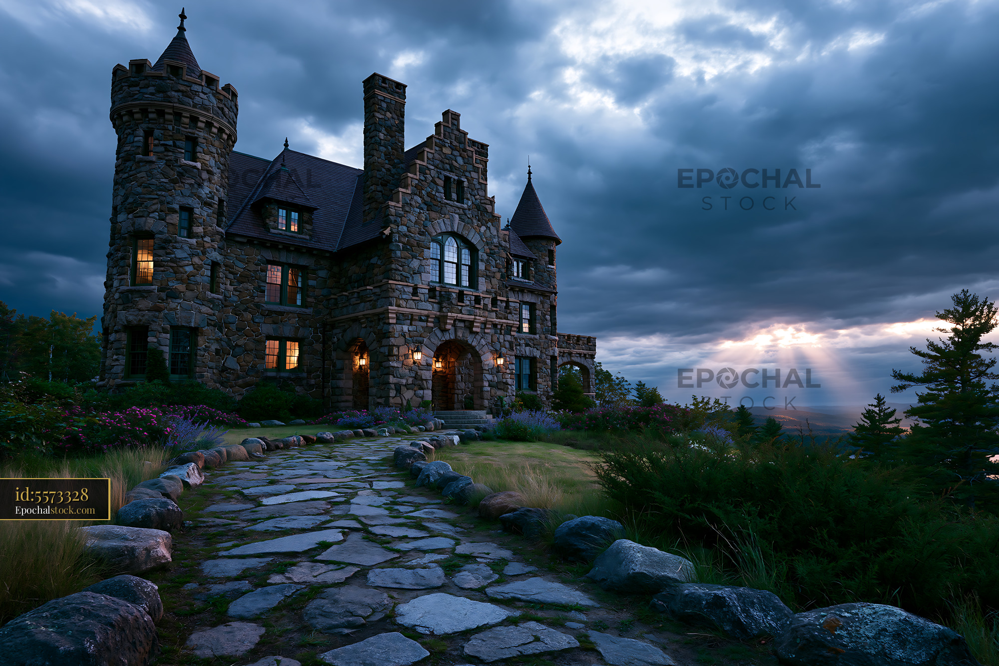 Watermarked full-resolution preview of Stone castle at twilight with cloudy sky and distant mountains