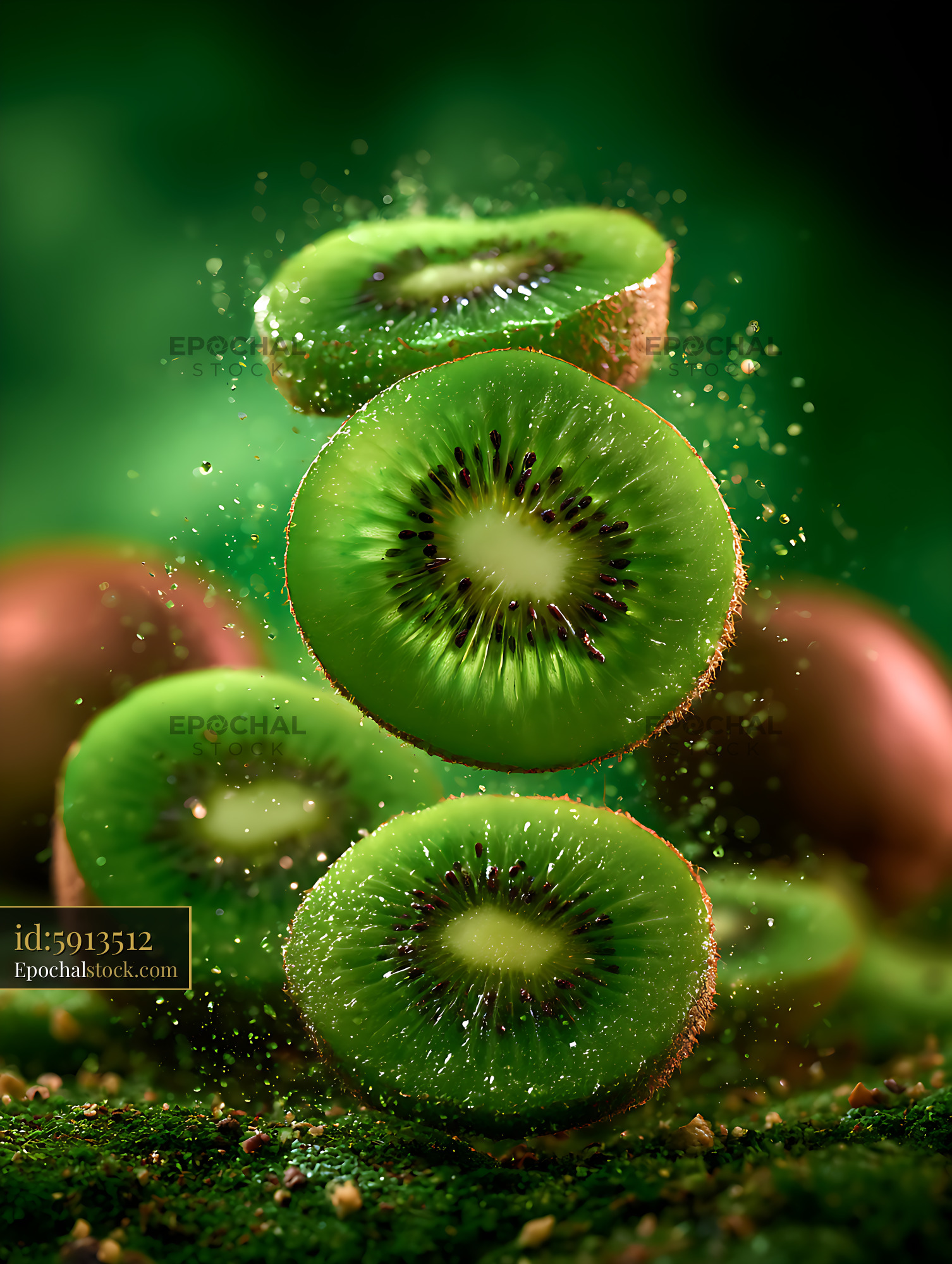 Watermarked full-resolution preview of Fresh sliced kiwi with sparkling droplets