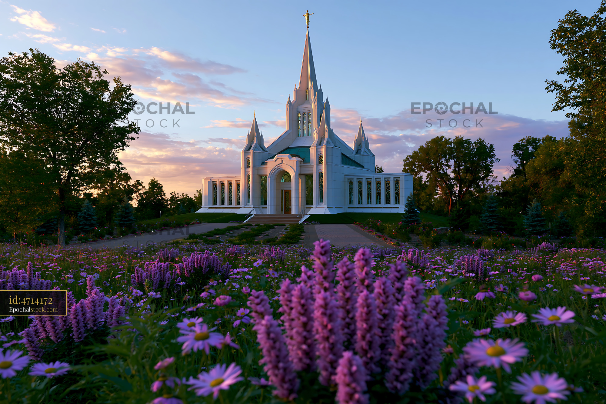 Watermarked full-resolution preview of Church surrounded by flowers at sunset