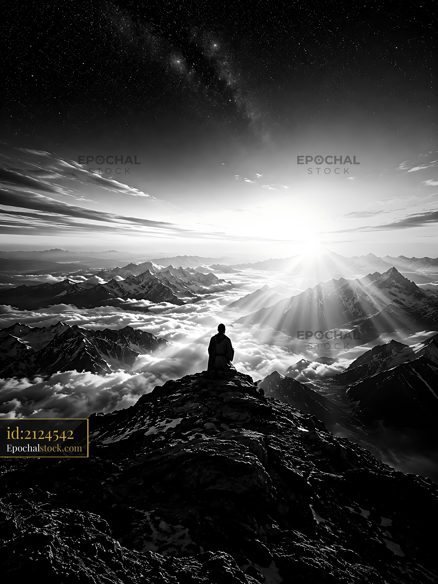 Watermarked full-resolution preview of Person sits on rocky summit overlooking mountains at sunrise